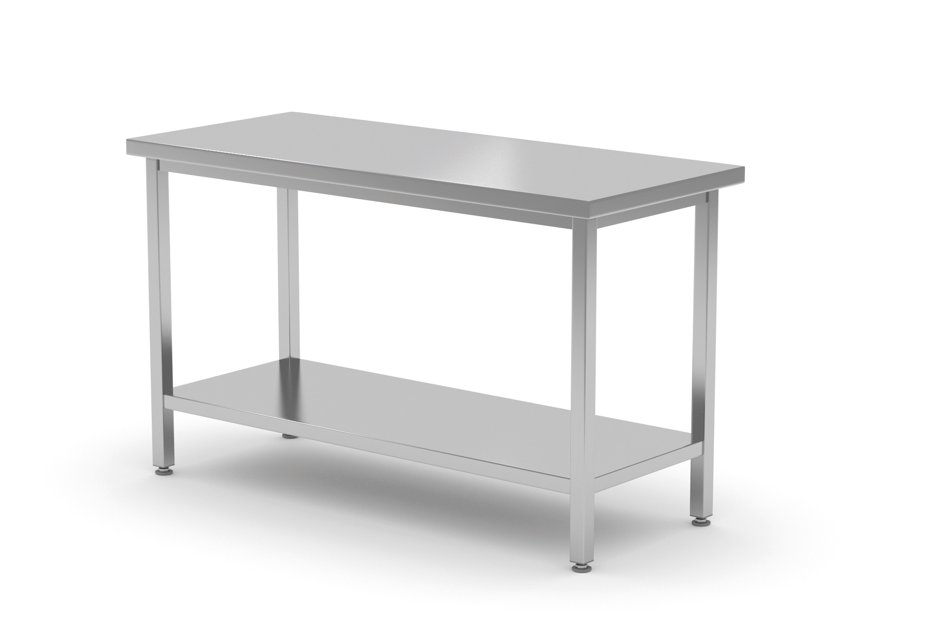 Tavolo in acciaio inox con ripiano. Sfondo bianco, forma rettangolare.