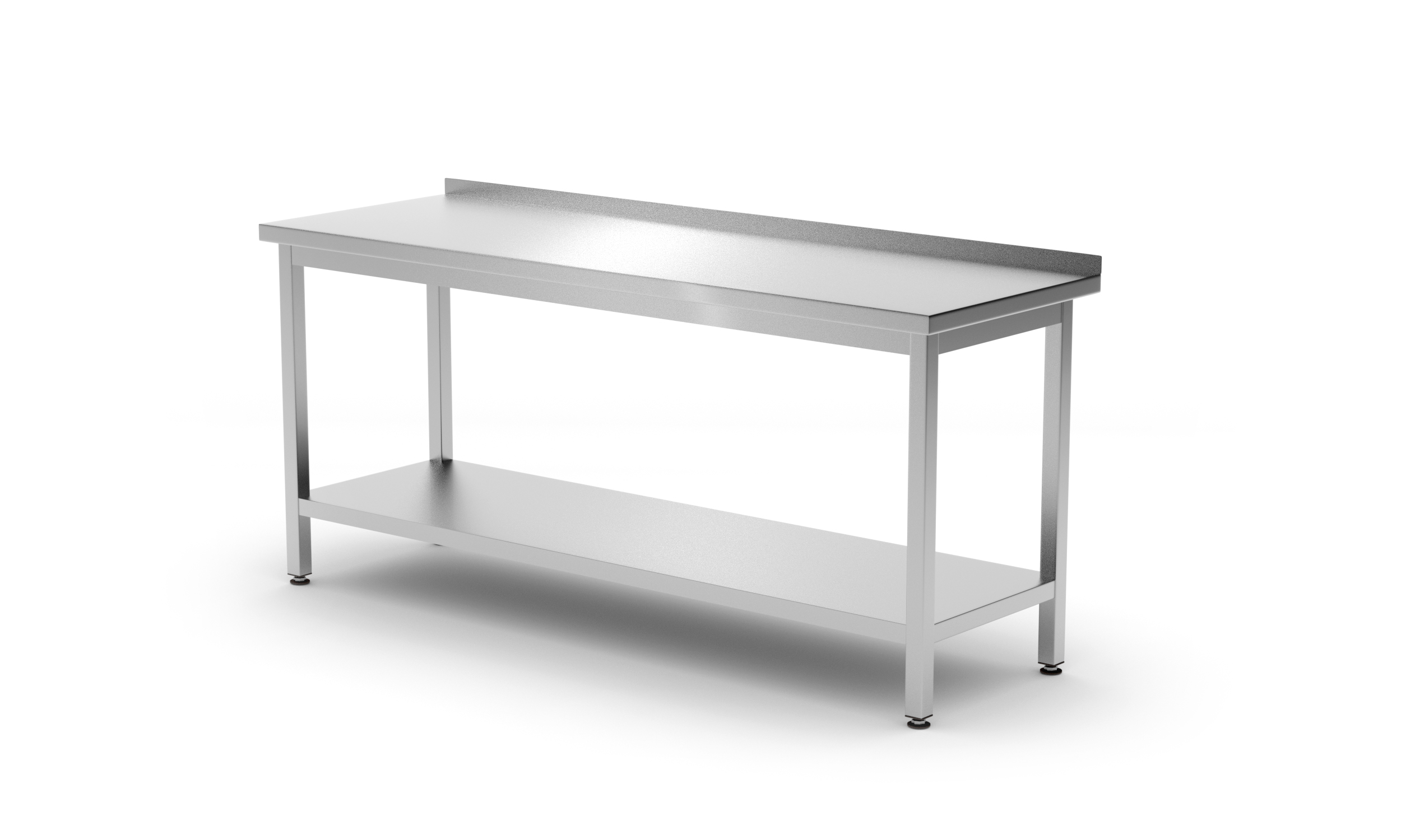 Tavolo da lavoro in acciaio inox con ripiano inferiore. Il tavolo ha un piano rettangolare e quattro gambe.