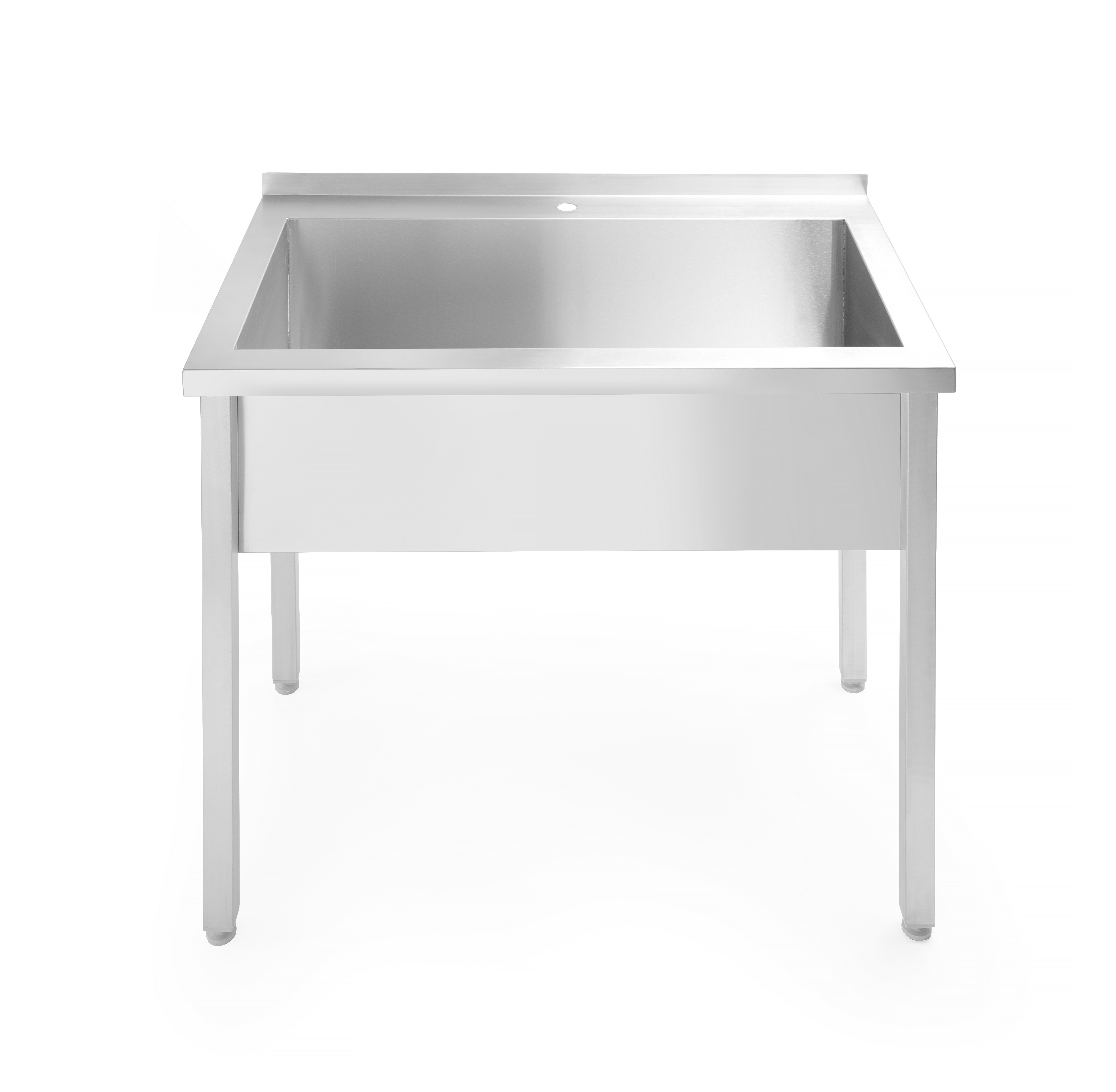 Lavello quadrato in acciaio inox su gambe. Sfondo bianco.