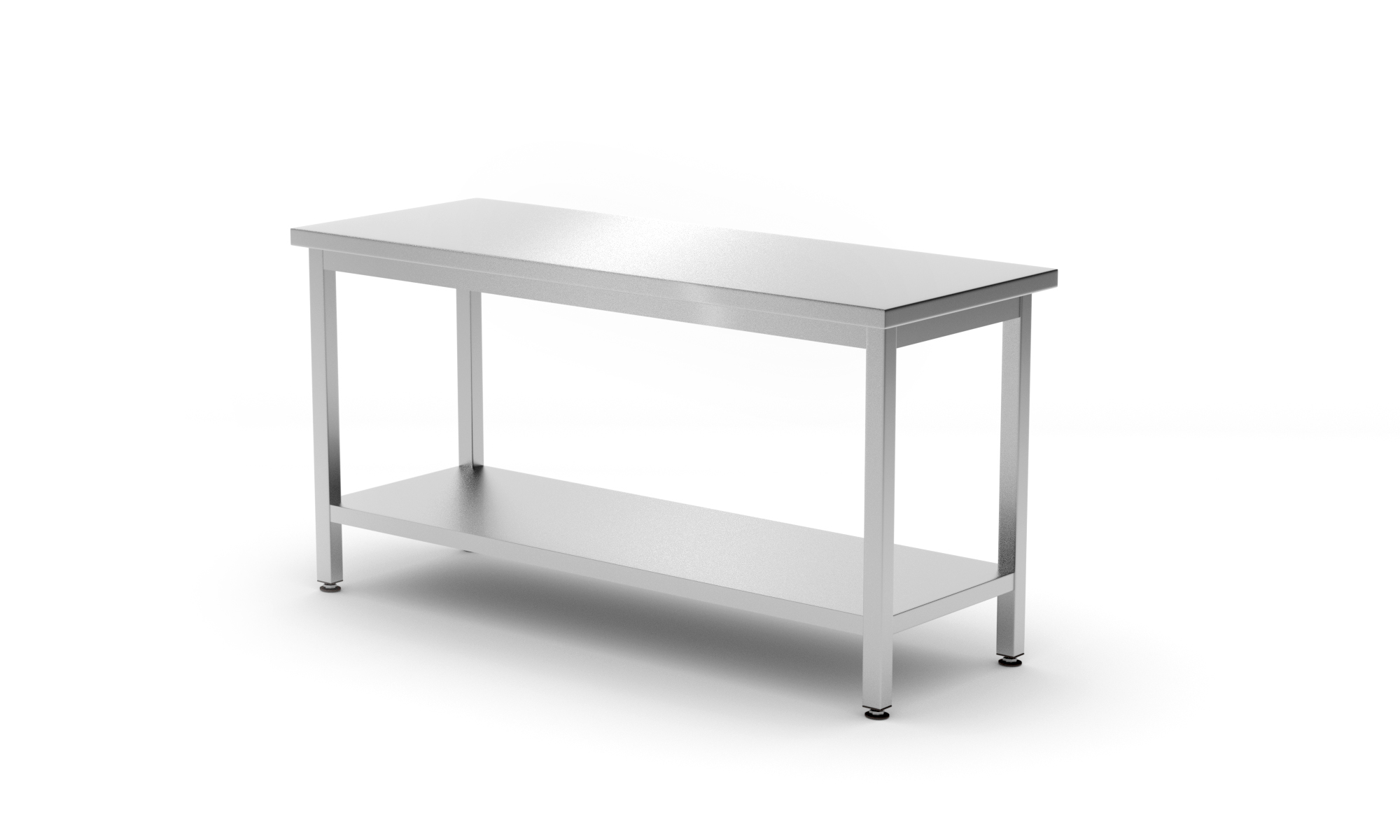 Un tavolo da lavoro in acciaio inox con piano rettangolare e ripiano inferiore. Quattro gambe.