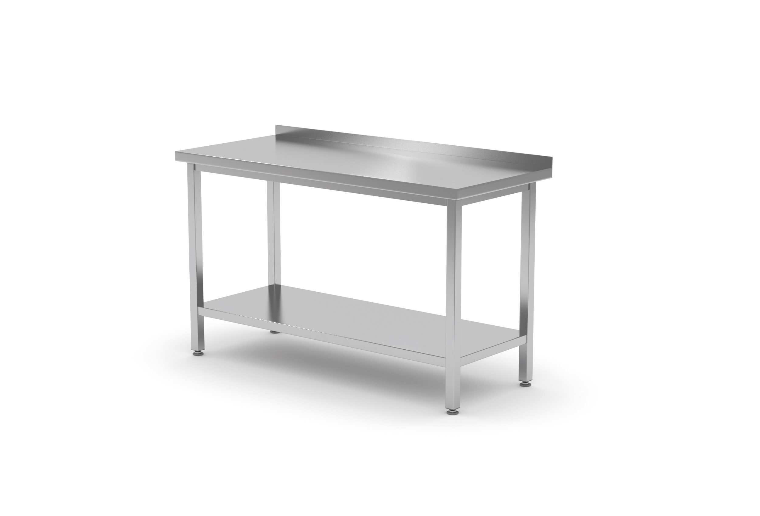 Tavolo in acciaio inox con alzatina. Rettangolare, sfondo bianco.
