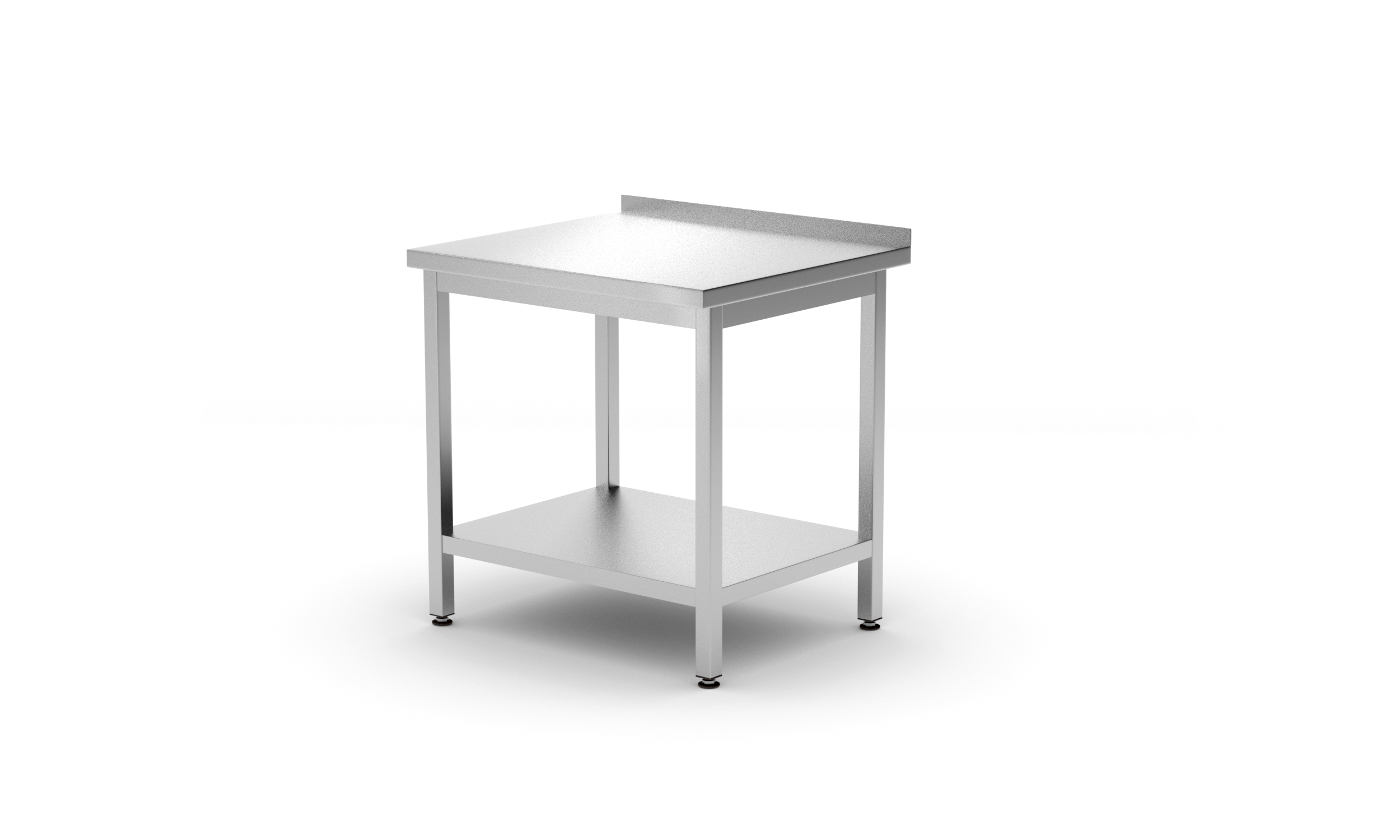 Tavolo in acciaio inox con alzatina. Forma quadrata, sfondo bianco.