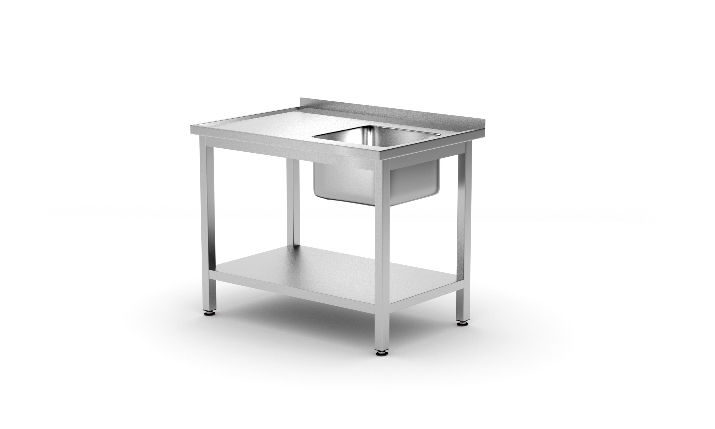 Lavello in acciaio inox con ripiano. Sfondo bianco.