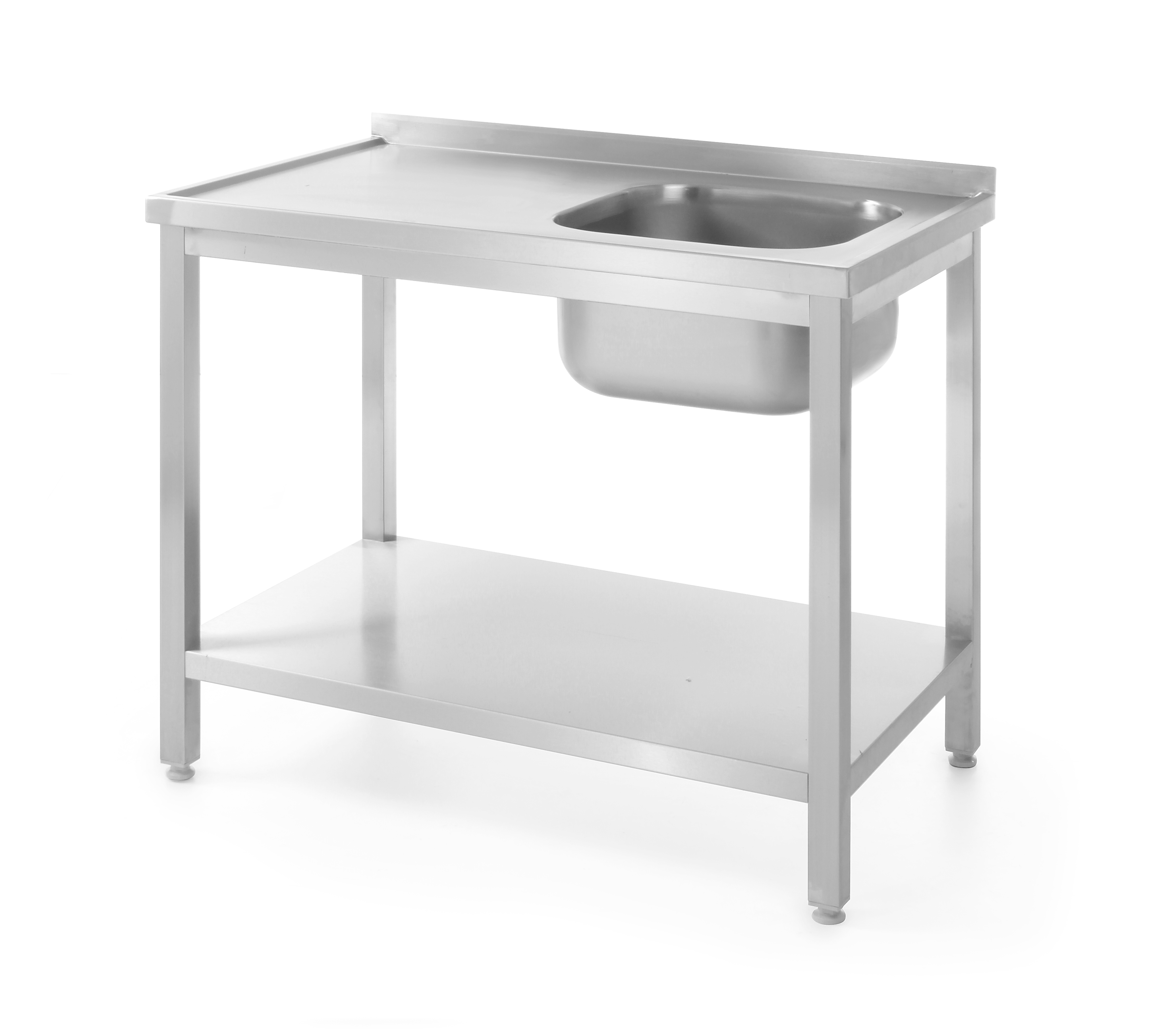 Tavolo in acciaio inox con lavello, rettangolare con ripiano, sfondo bianco.