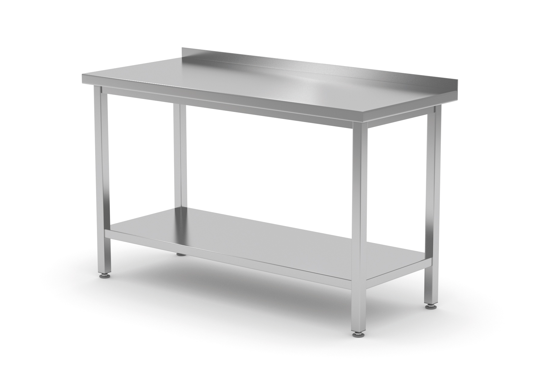 Tavolo in acciaio inox con ripiano e alzatina. Rettangolare, sfondo bianco.