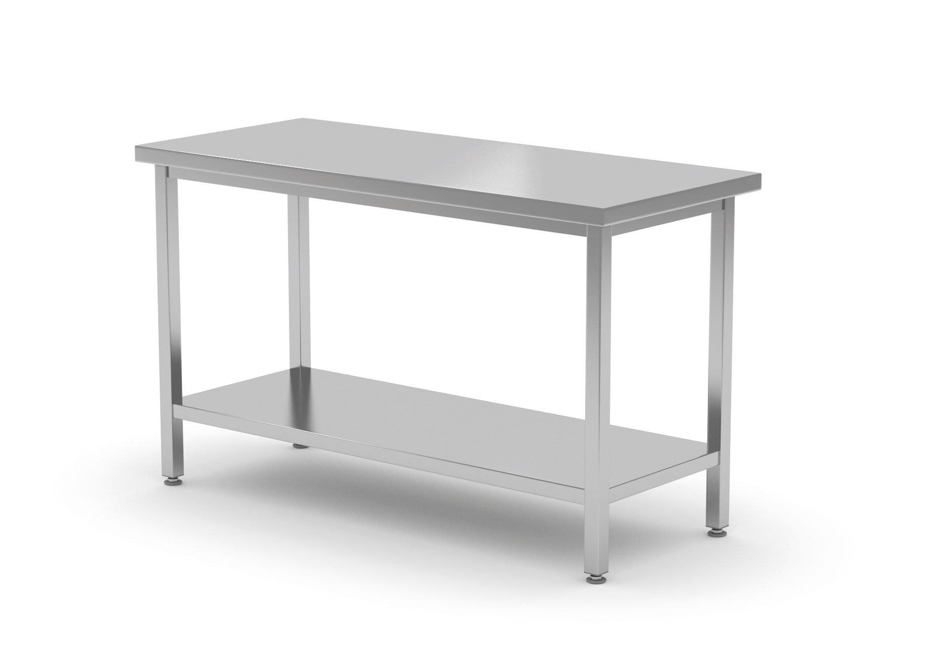 Tavolo da lavoro in acciaio inox con ripiano inferiore. Il tavolo ha un piano rettangolare e quattro gambe.