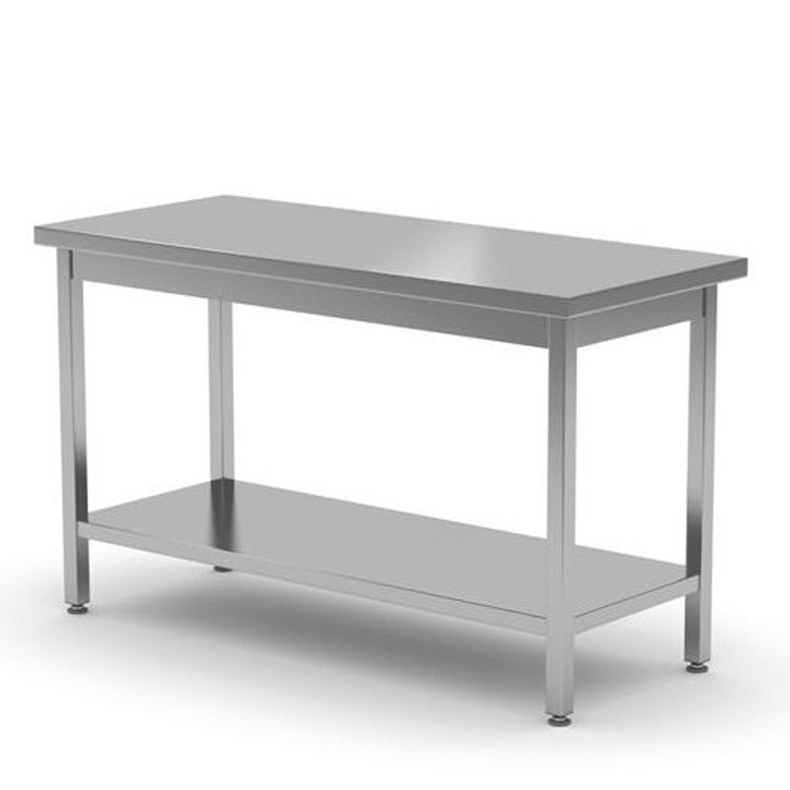 Tavolo in acciaio inox, rettangolare con ripiano inferiore, sfondo bianco.