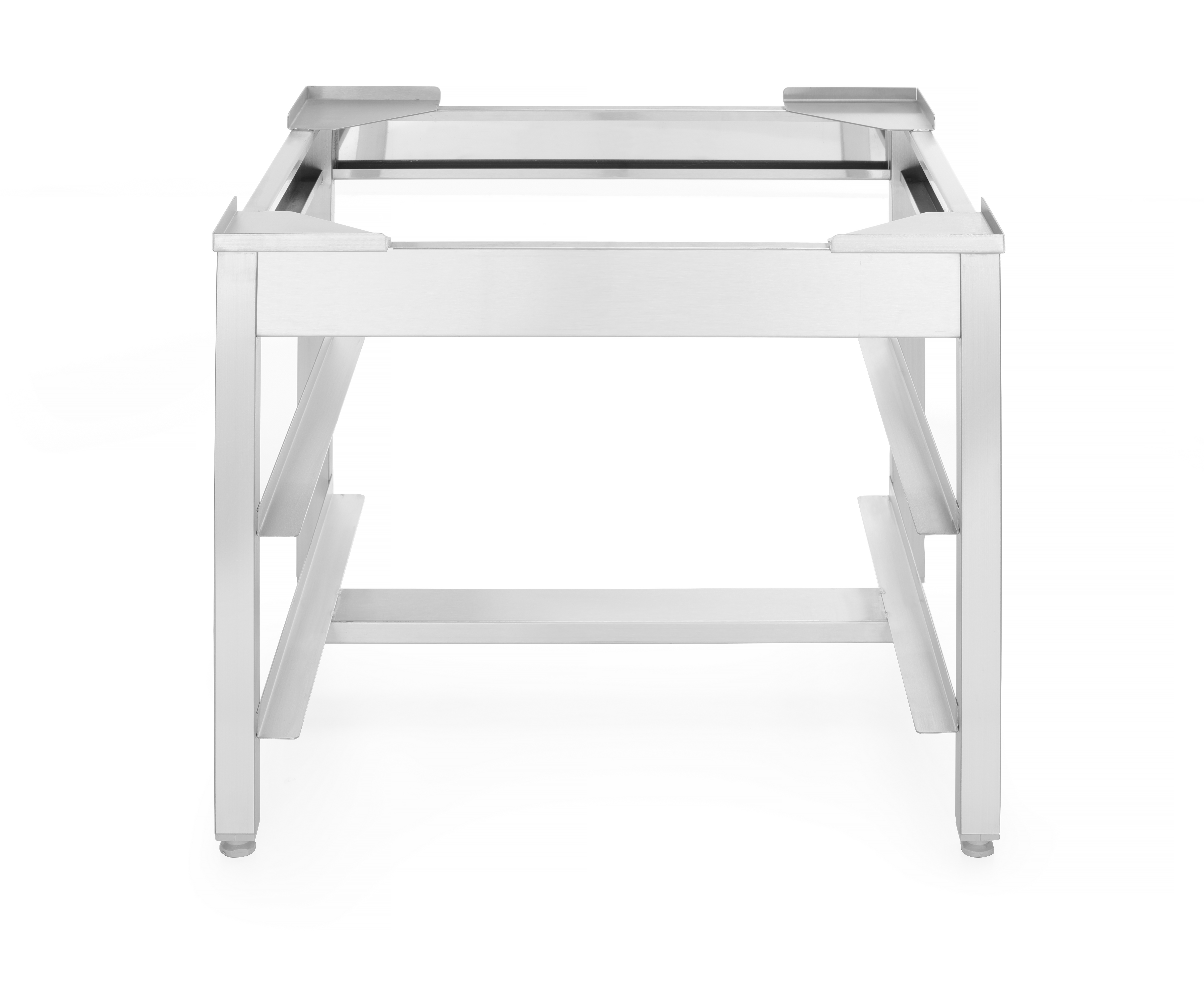 Un telaio per tavolo in acciaio inox. Ha quattro gambe e una struttura per il piano.