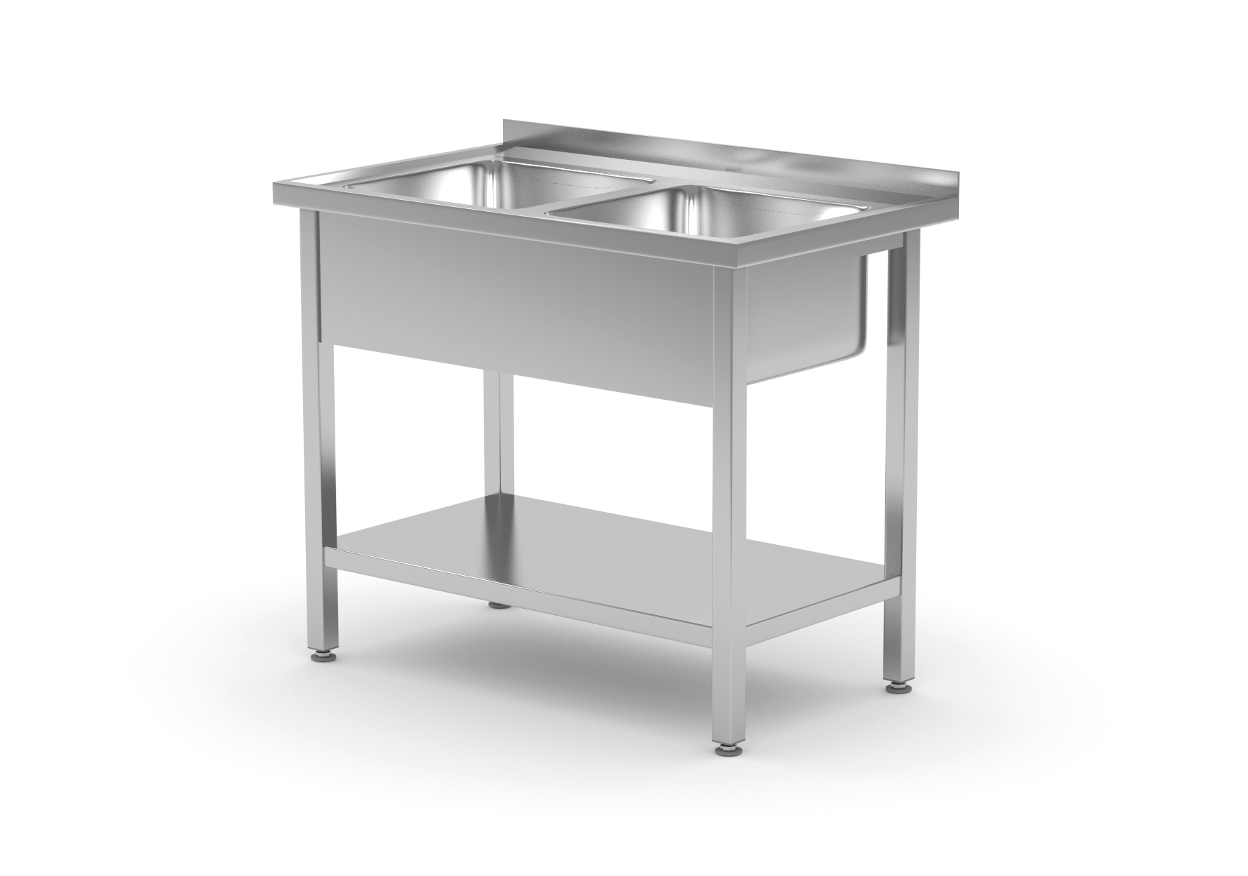 Tavolo lavello in acciaio inox con due vasche e ripiano. Sfondo bianco.