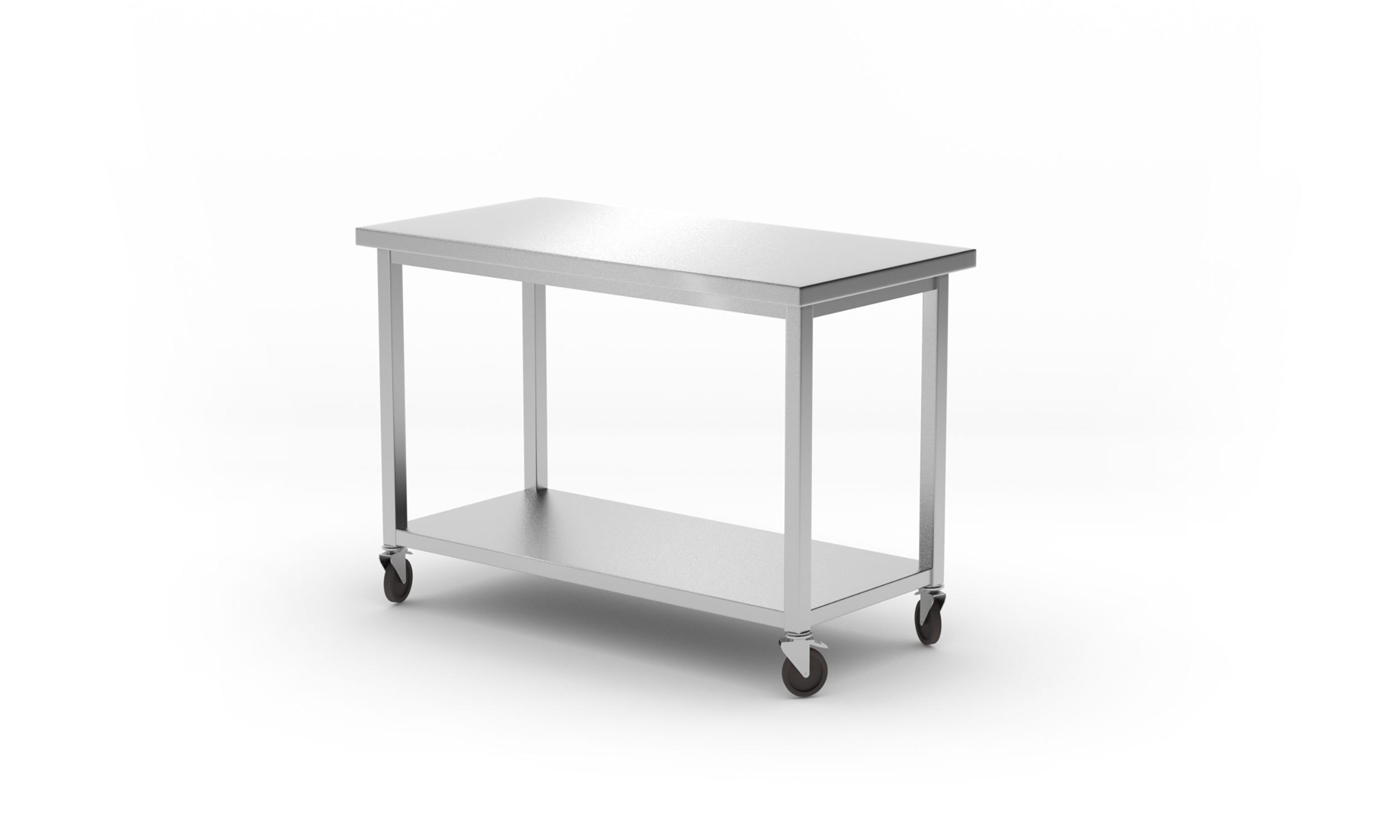 Tavolo in acciaio inox, rettangolare con ruote e ripiano, sfondo bianco.
