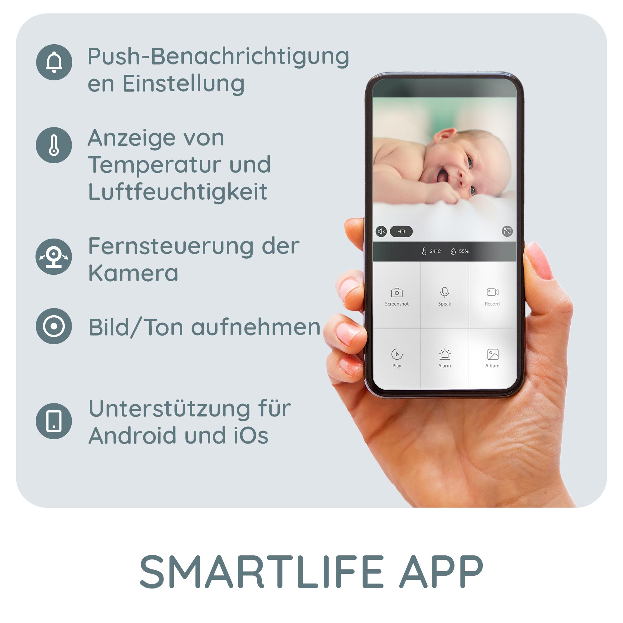 Eine Hand, die ein Smartphone mit einer Babyfon-App-Oberfläche hält.