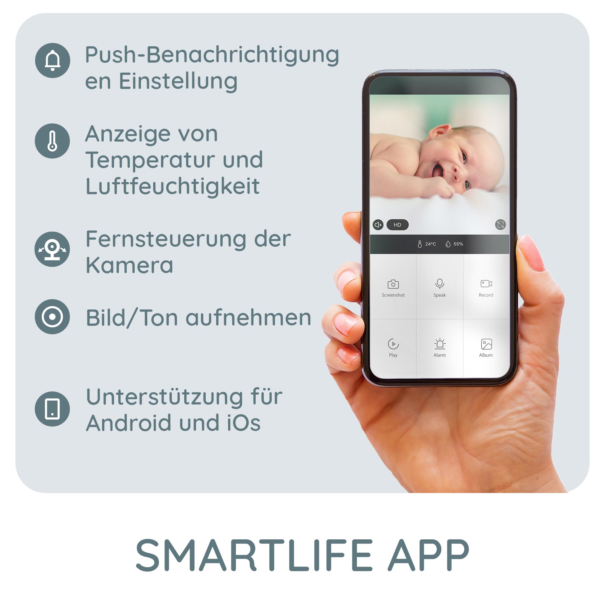 Hand, die Telefon mit Babyphone-App hält. Symbole und Text auf Deutsch. Smartlife App-Label.