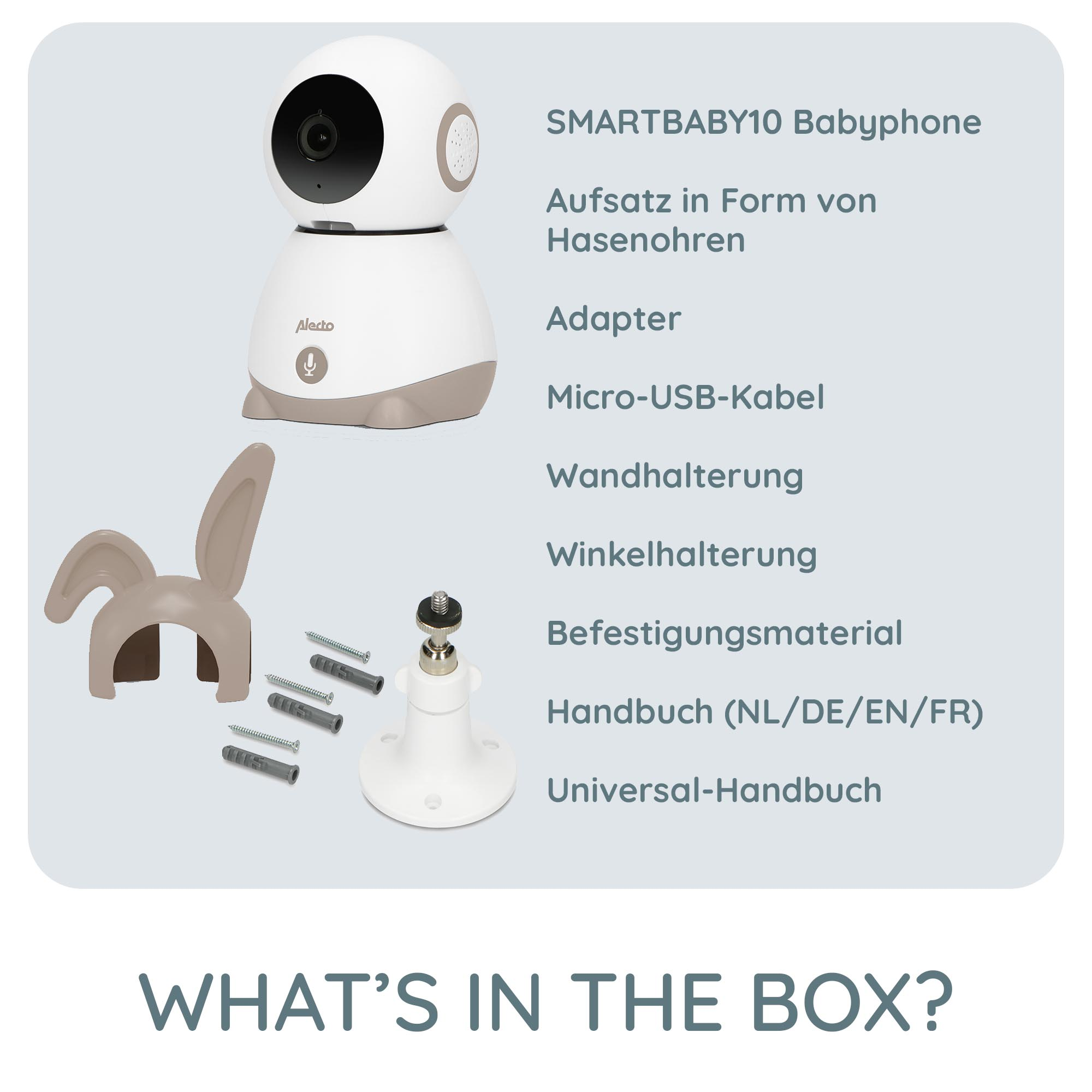 Babyphone-Teile. Kamera, Ohren, Adapter, Kabel und Handbuch vorhanden.