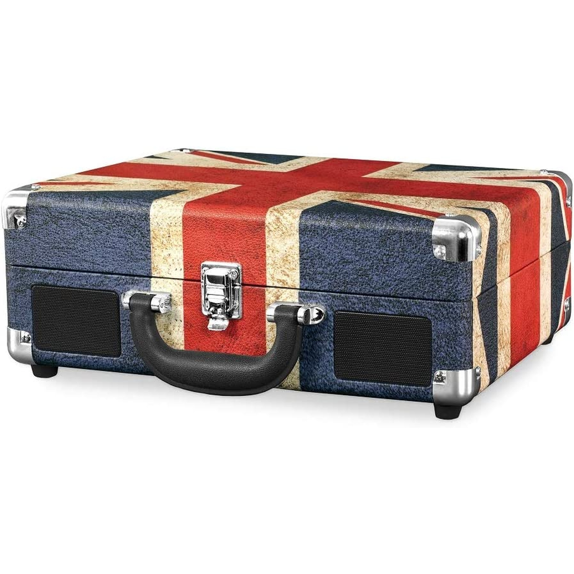 Una maleta estilo vintage con el diseño de la Union Jack, sobre blanco.