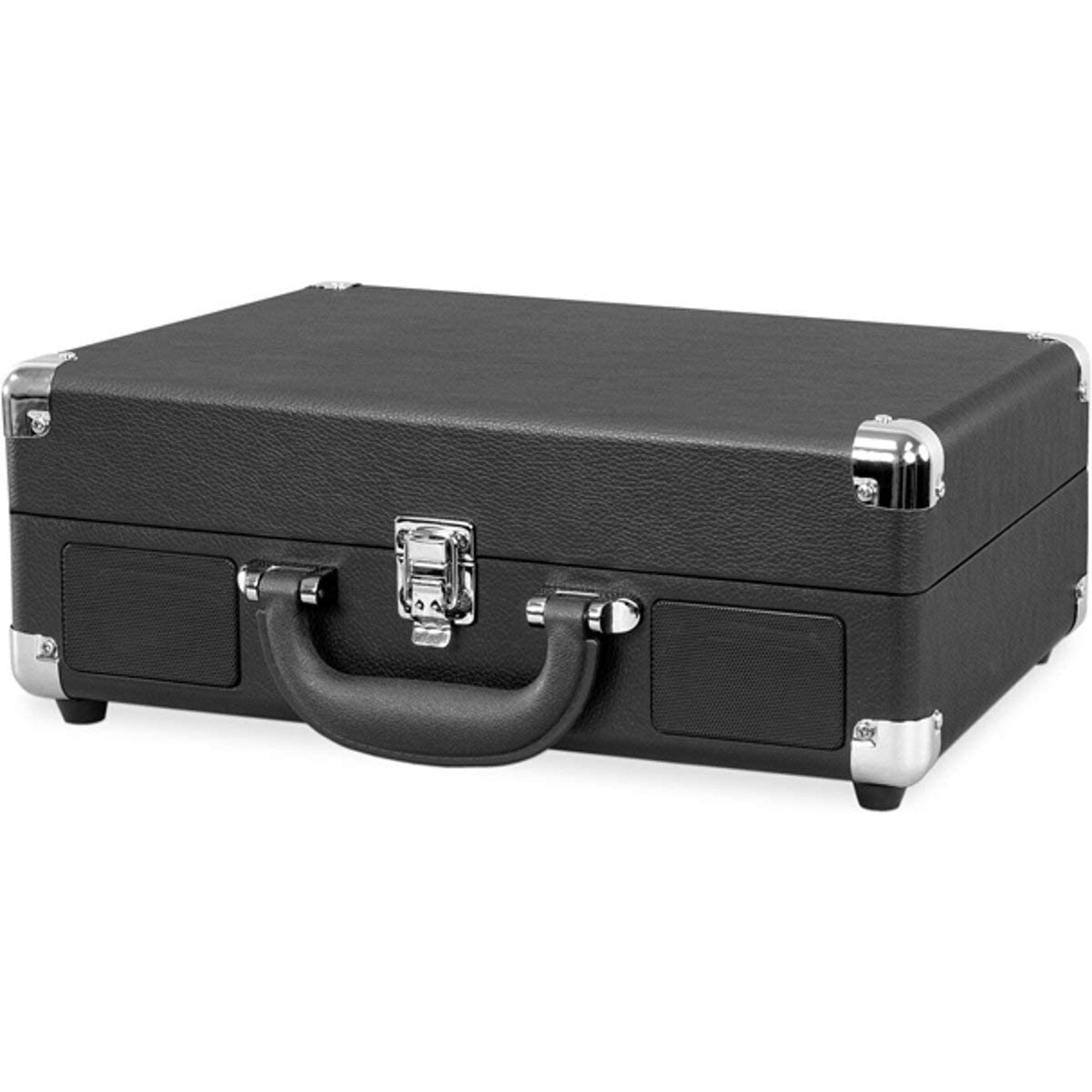 Tocadiscos negro estilo maleta con detalles plateados y altavoces laterales.