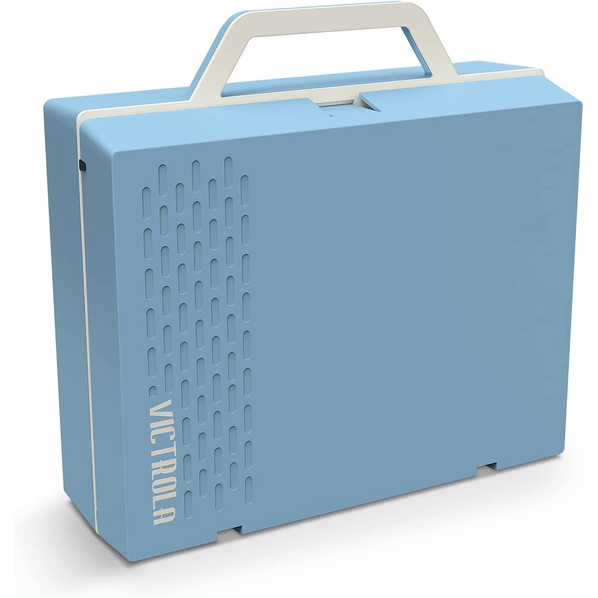 Funda de tocadiscos azul claro y blanco con asa blanca. La funda tiene la palabra 'VICTROLA'.