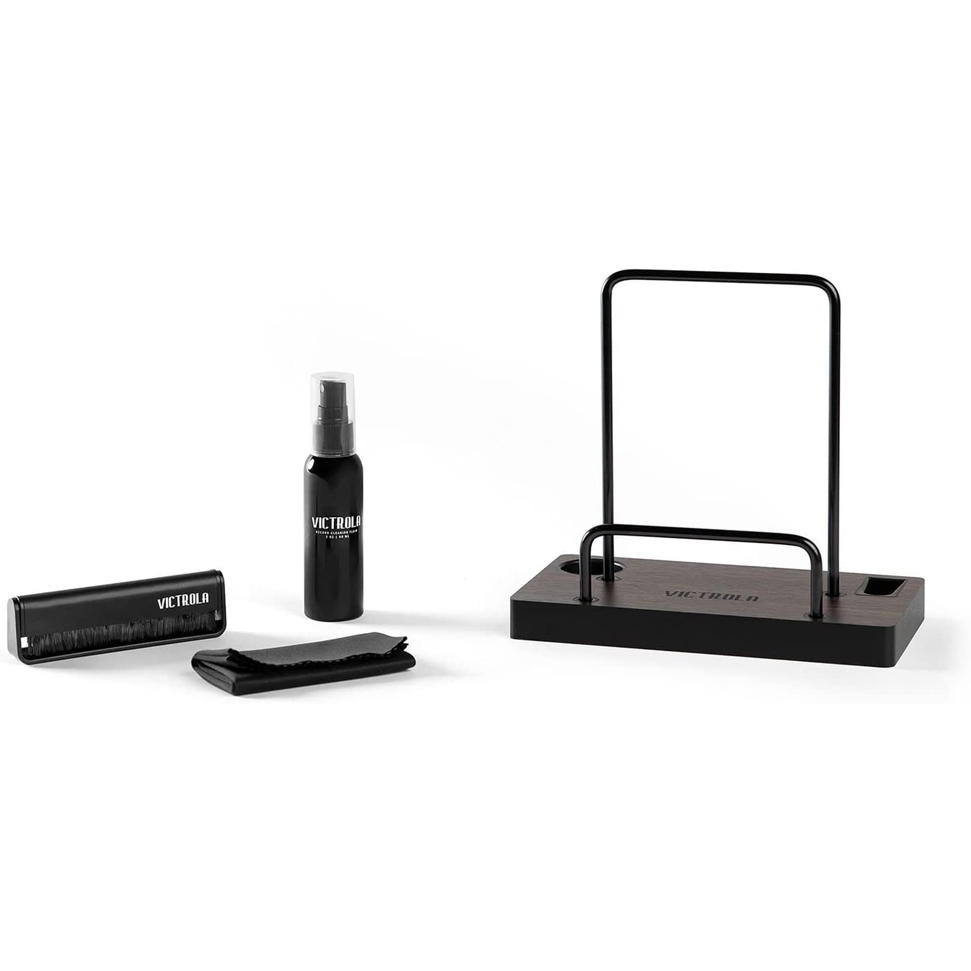 Kit de limpieza de discos de vinilo negro con cepillo, spray, paño y soporte para discos.