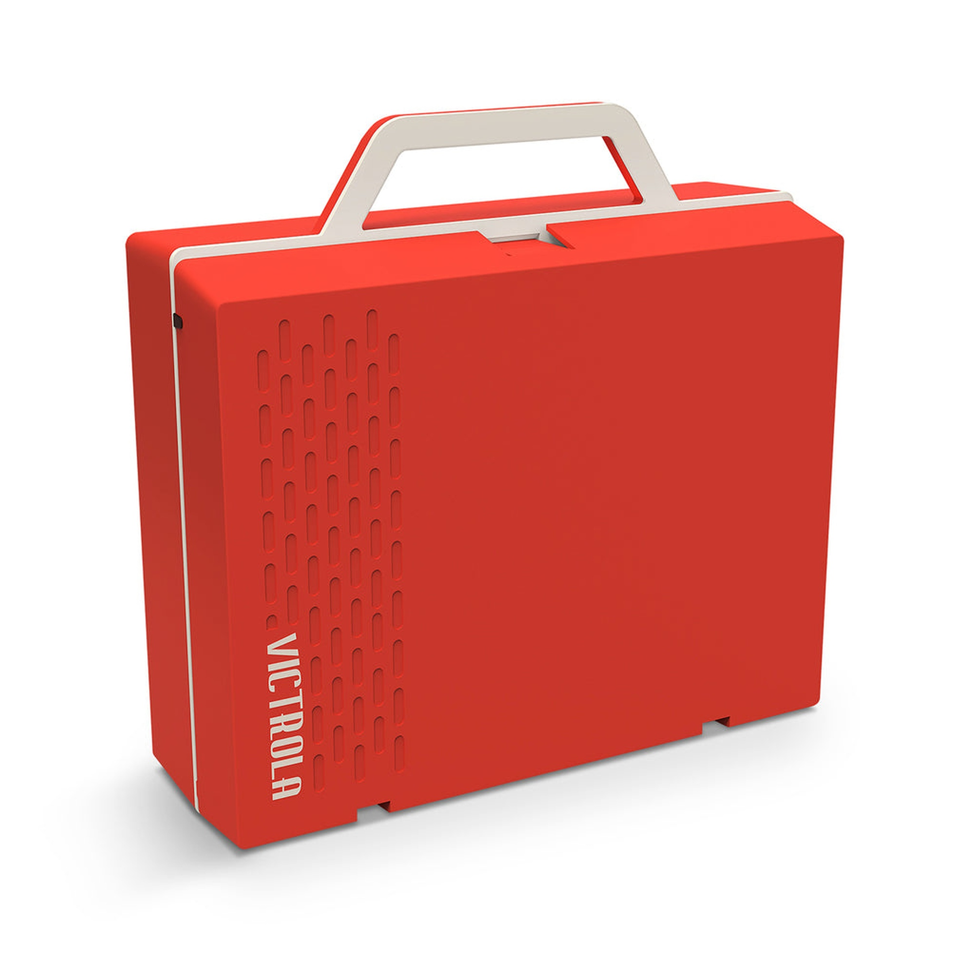 Un tocadiscos rojo estilo maletín Victrola con asa blanca, sobre una superficie blanca.