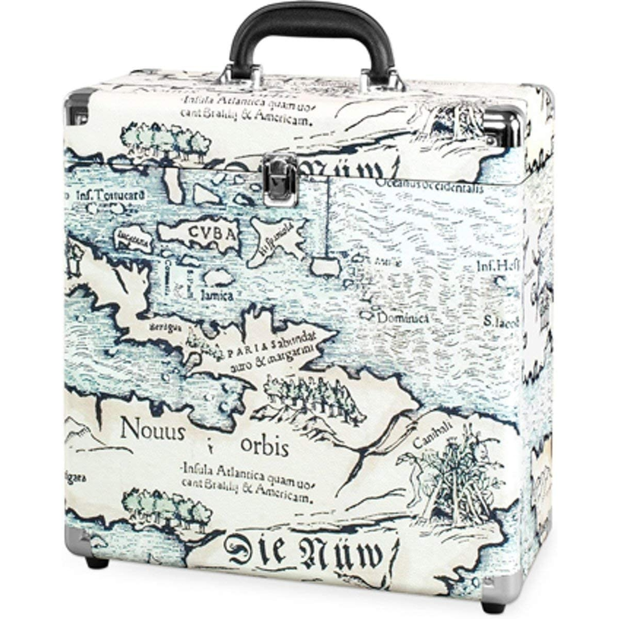 Maleta con diseño de mapa, con asa y detalles metálicos.