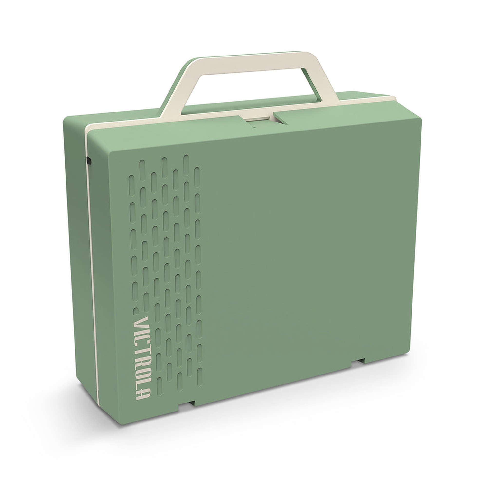 Tocadiscos Victrola verde, cerrado, con asa, aislado sobre fondo blanco.