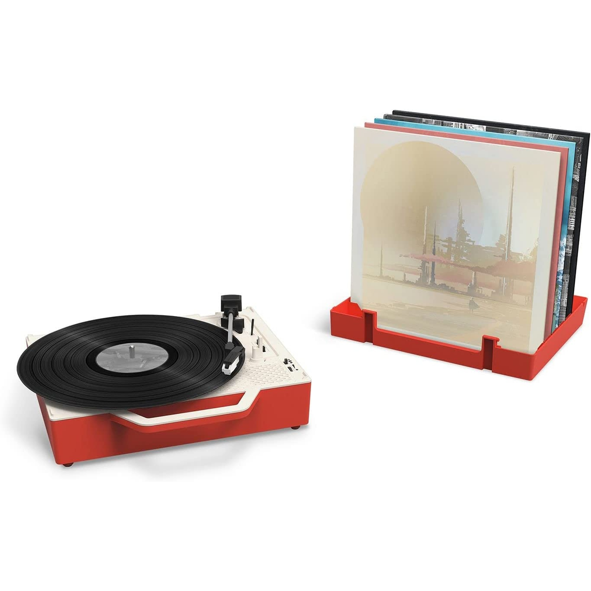 Tocadiscos rojo y blanco con vinilo y soporte rojo.