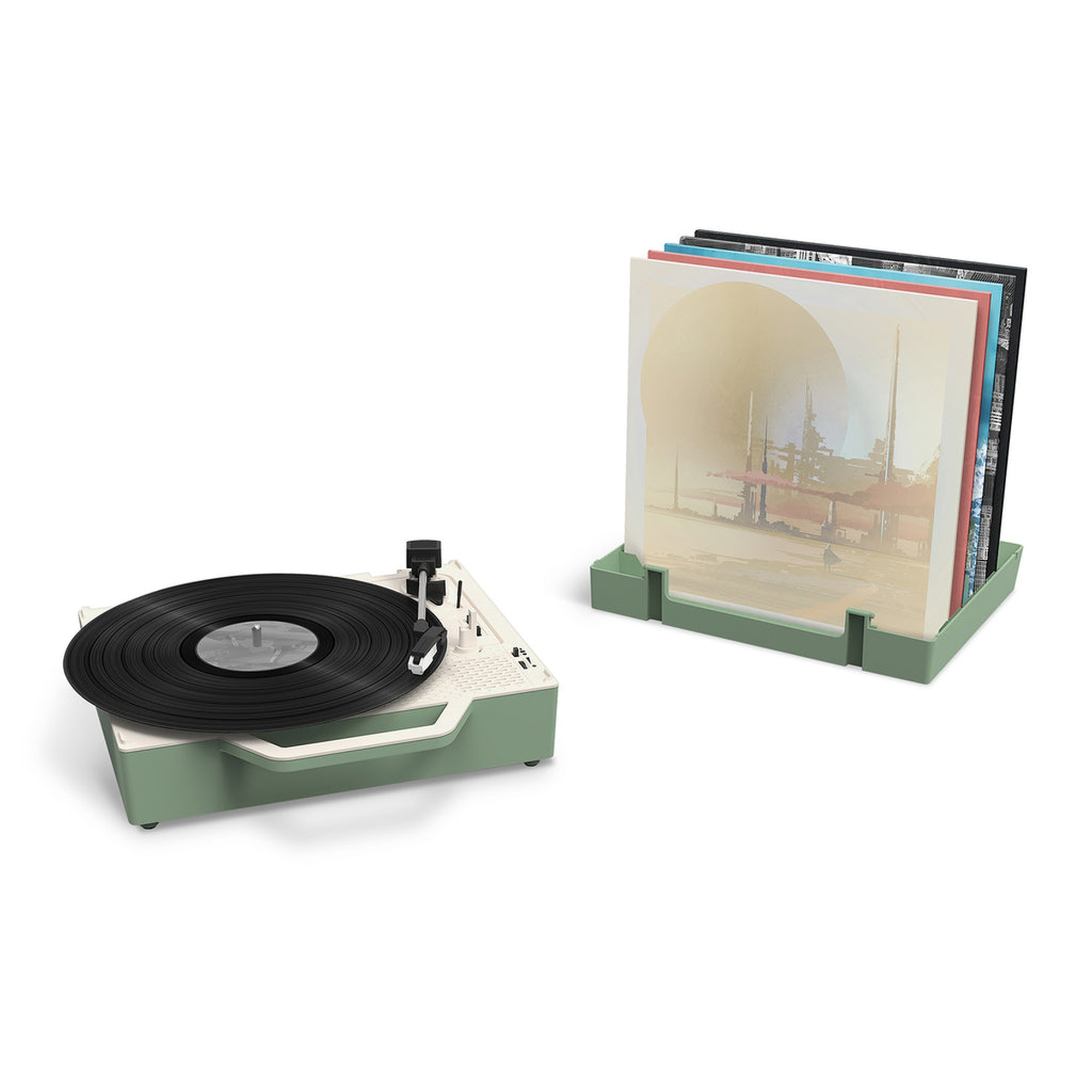 Tocadiscos verde con disco negro y soporte con discos de vinilo.
