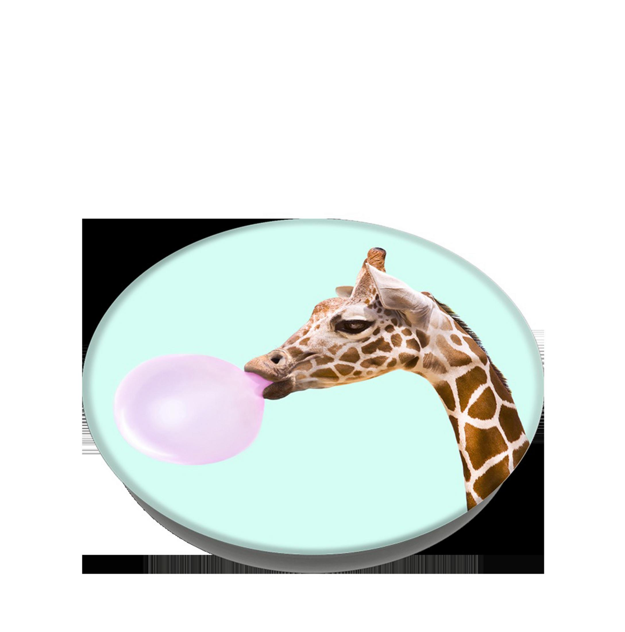 Eine Giraffe, die eine rosa Kaugummiblase bläst. Das Bild befindet sich auf einem türkisfarbenen Kreis mit weißem Hintergrund.