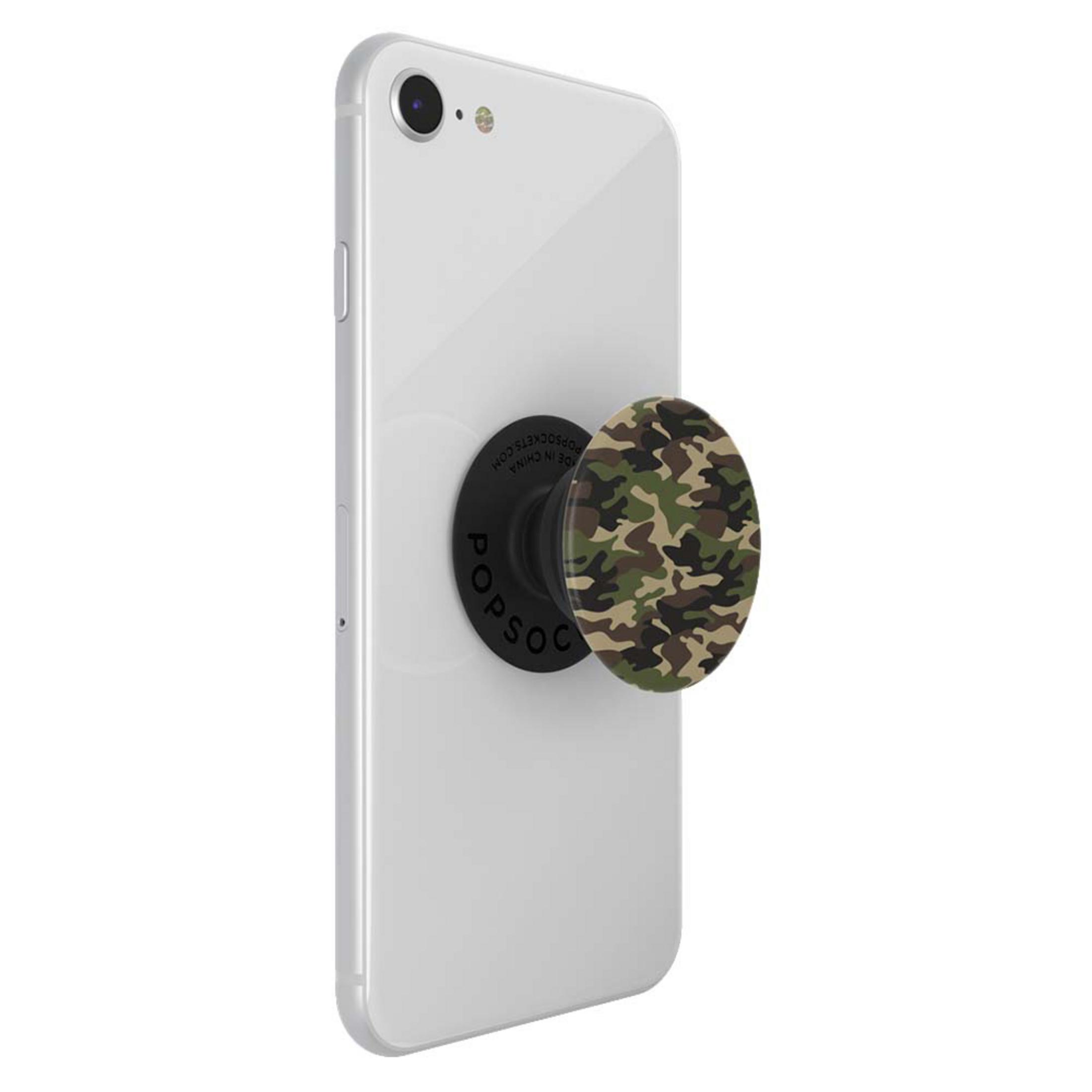 Ein weißes Telefon mit einem Camouflage-PopSocket. Der PopSocket befindet sich auf der Rückseite des Telefons.
