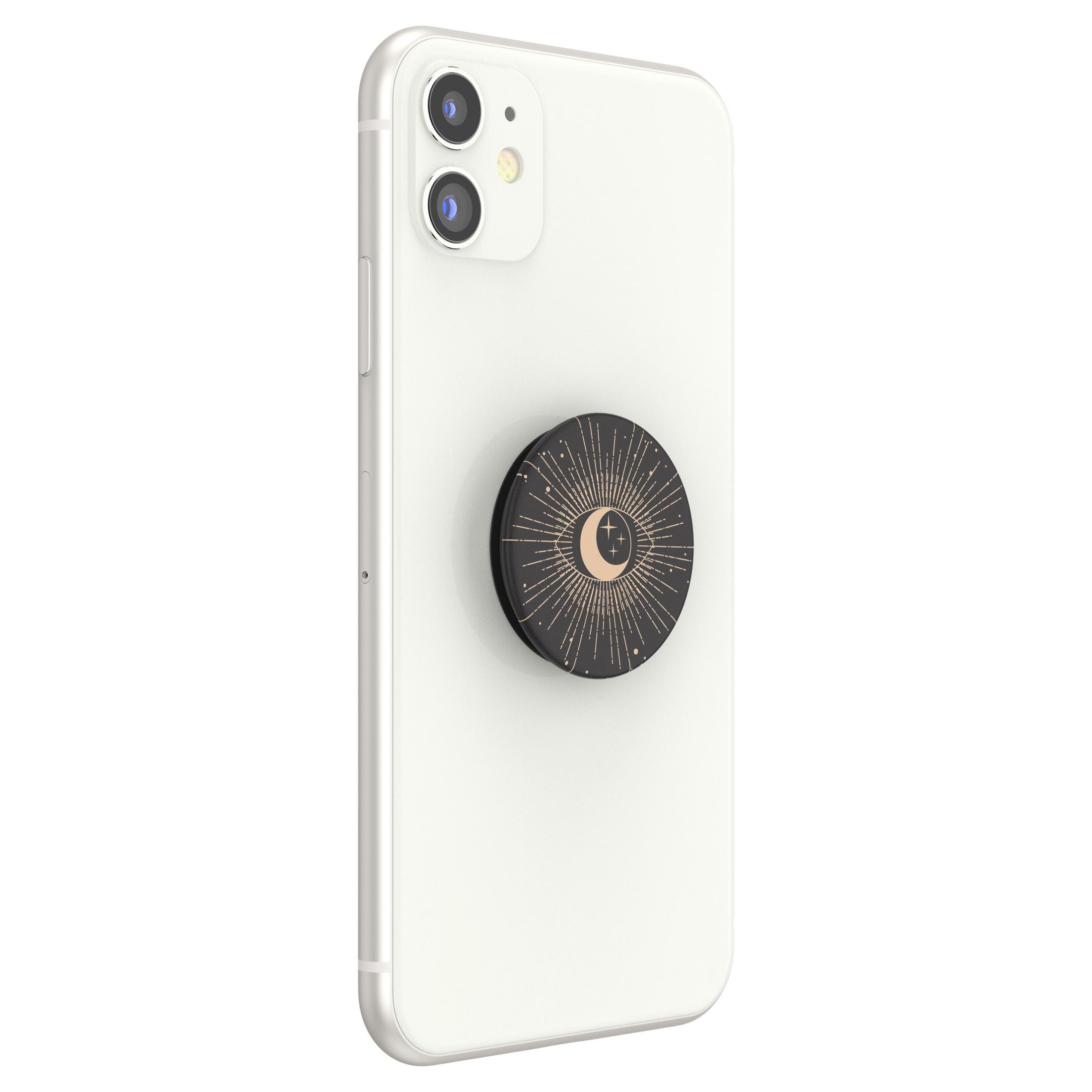 Weißes Telefon mit einem schwarzen und goldenen PopSockets.