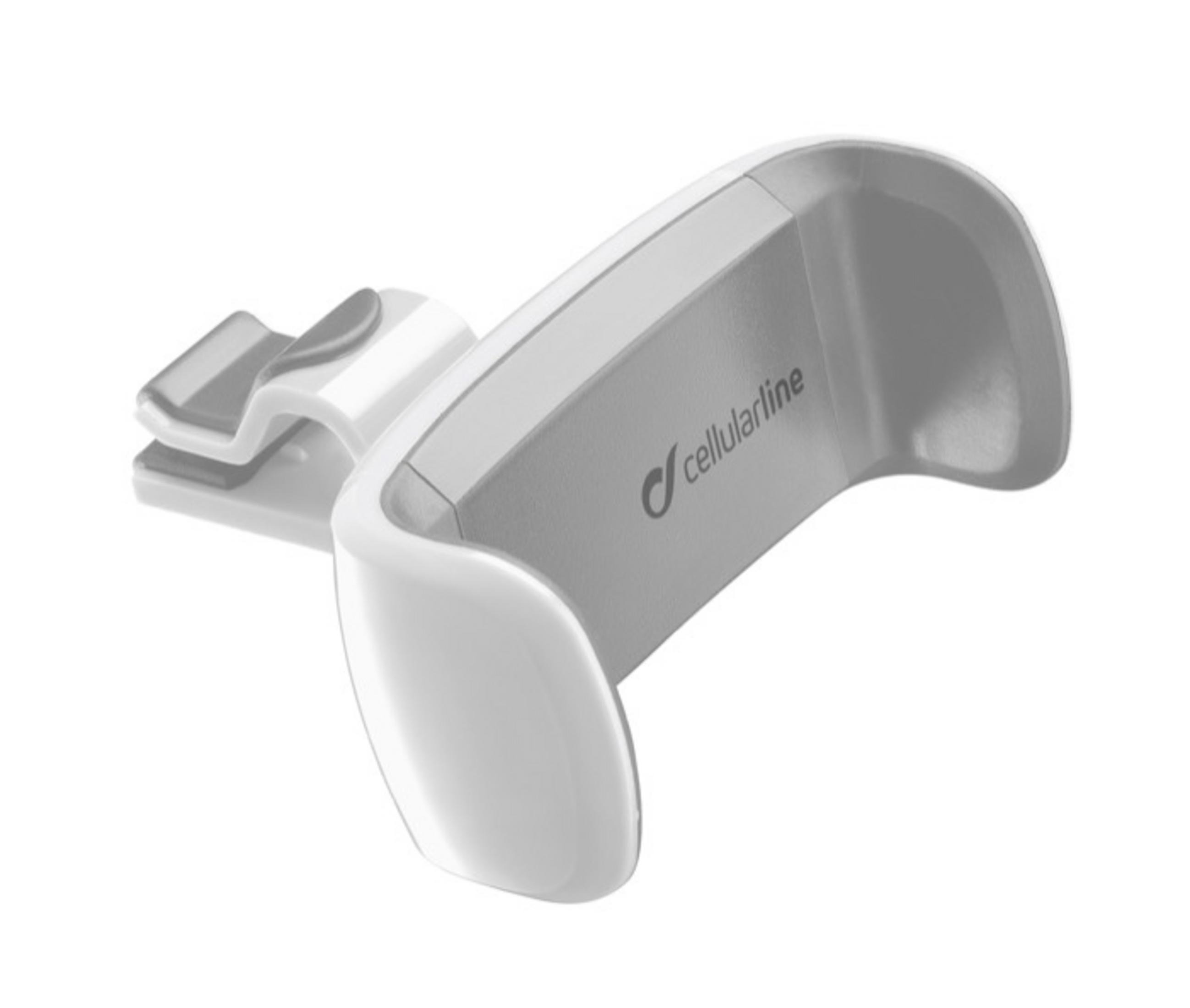 Ein weißer Telefonhalter mit grauem Clip und Cellularline-Logo. Isoliert auf weißem Hintergrund.
