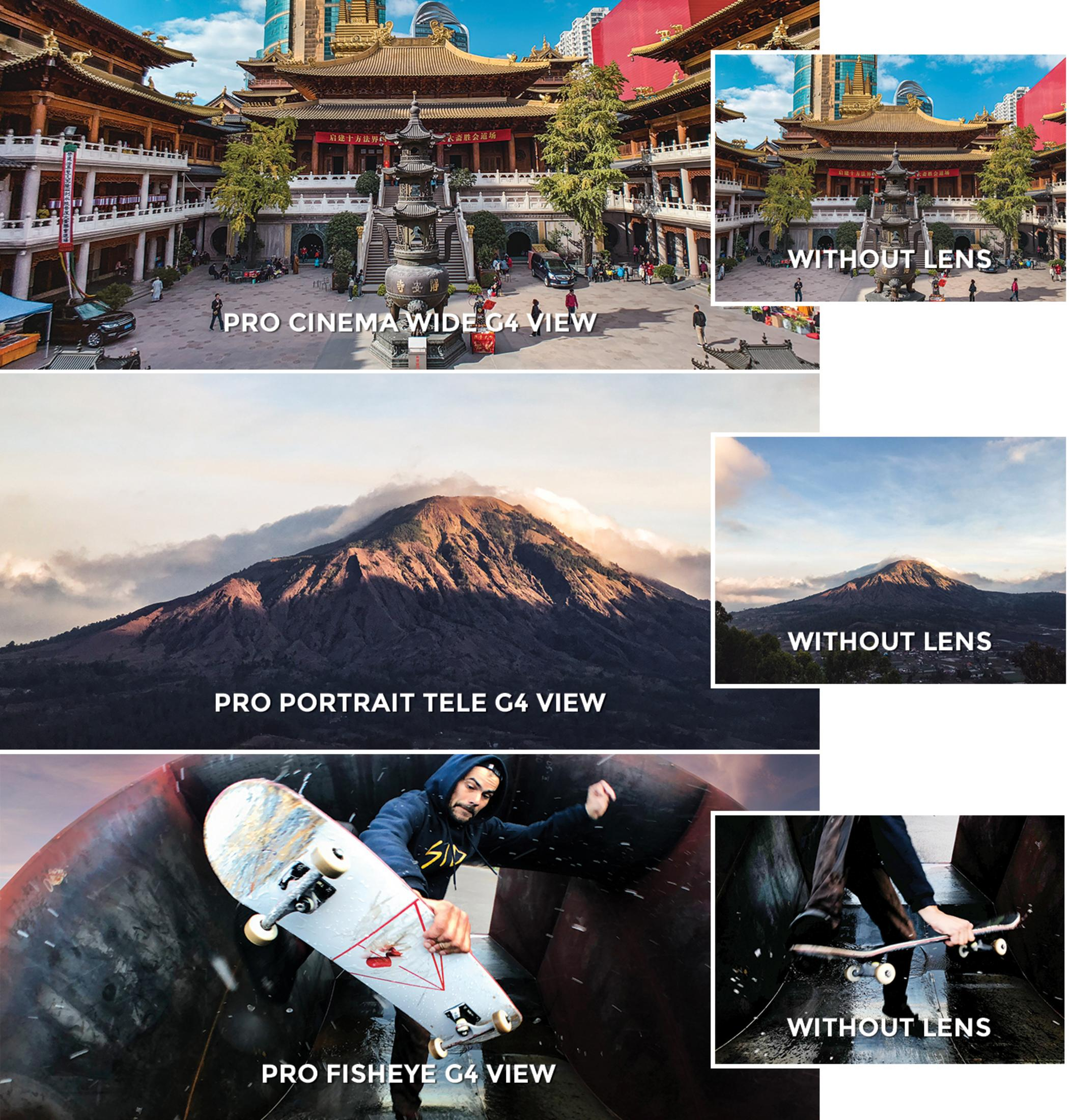 Bilder mit verschiedenen Ansichten. Eines mit einem Tempel, eines von einem Berg, eines von einem Skater.