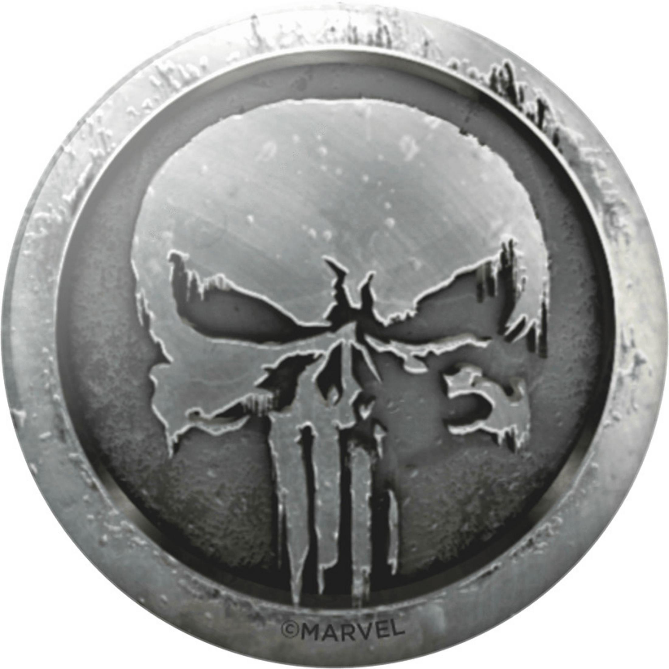 Ein silbernes Totenkopf-Logo von The Punisher in einem kreisförmigen Rahmen.
