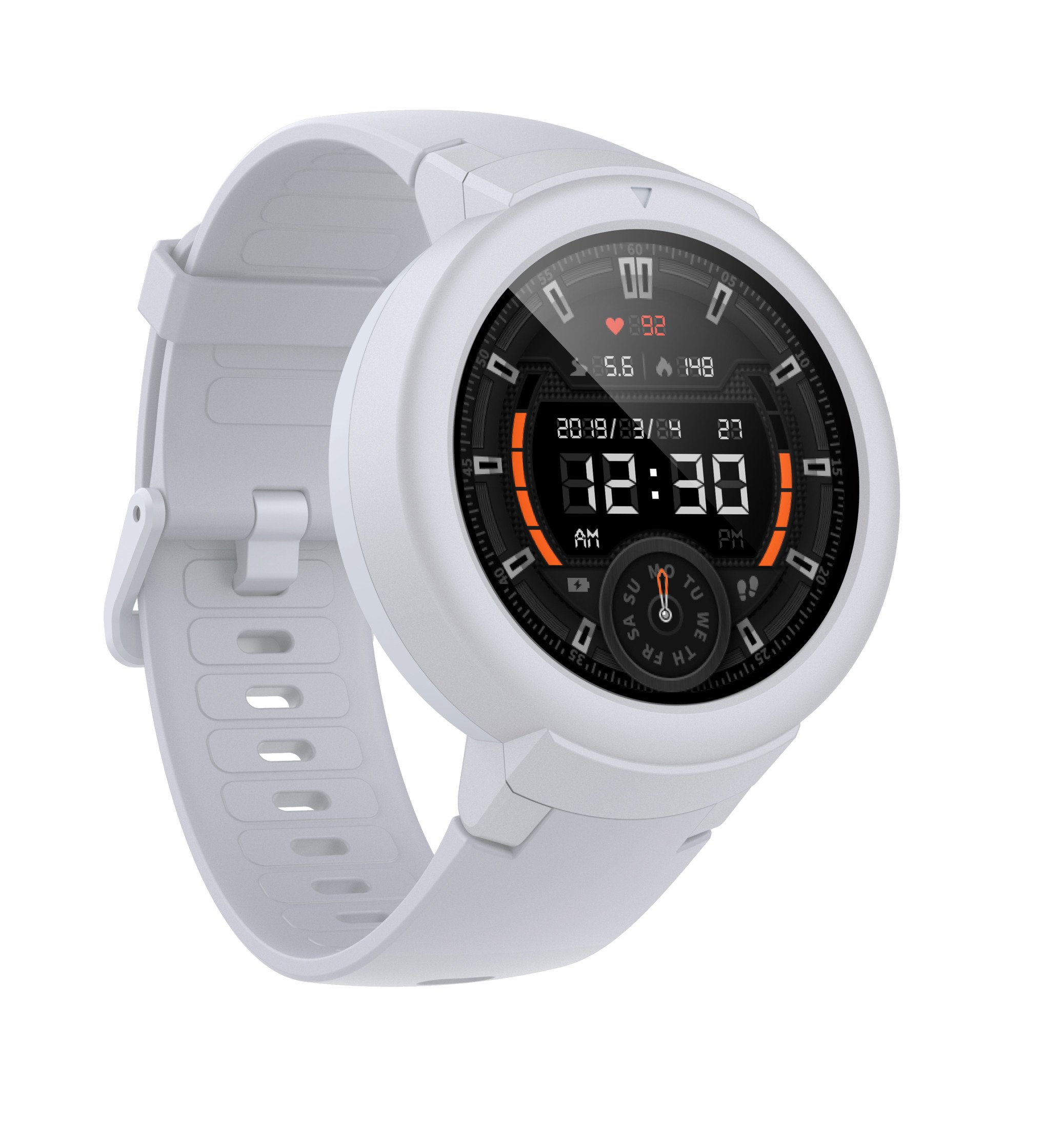 Smartwatch blanca con pantalla digital, sobre fondo blanco.
