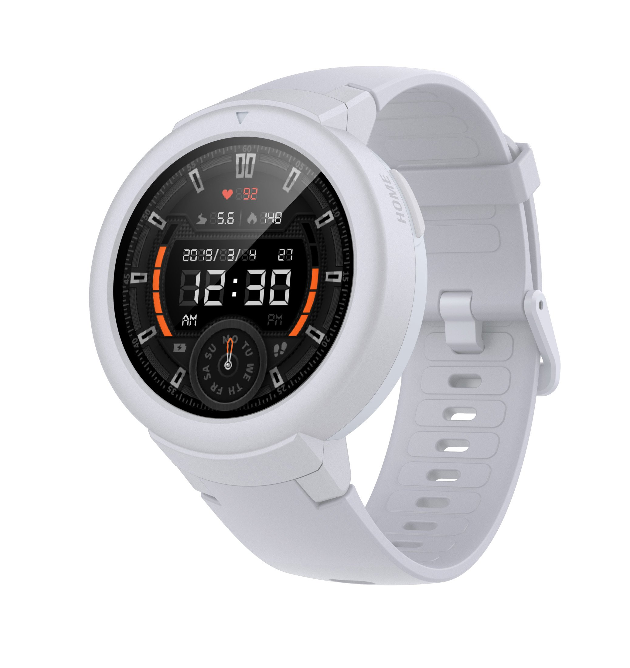 Smartwatch blanca con esfera redonda, mostrando hora y datos. Correa de muñeca blanca.