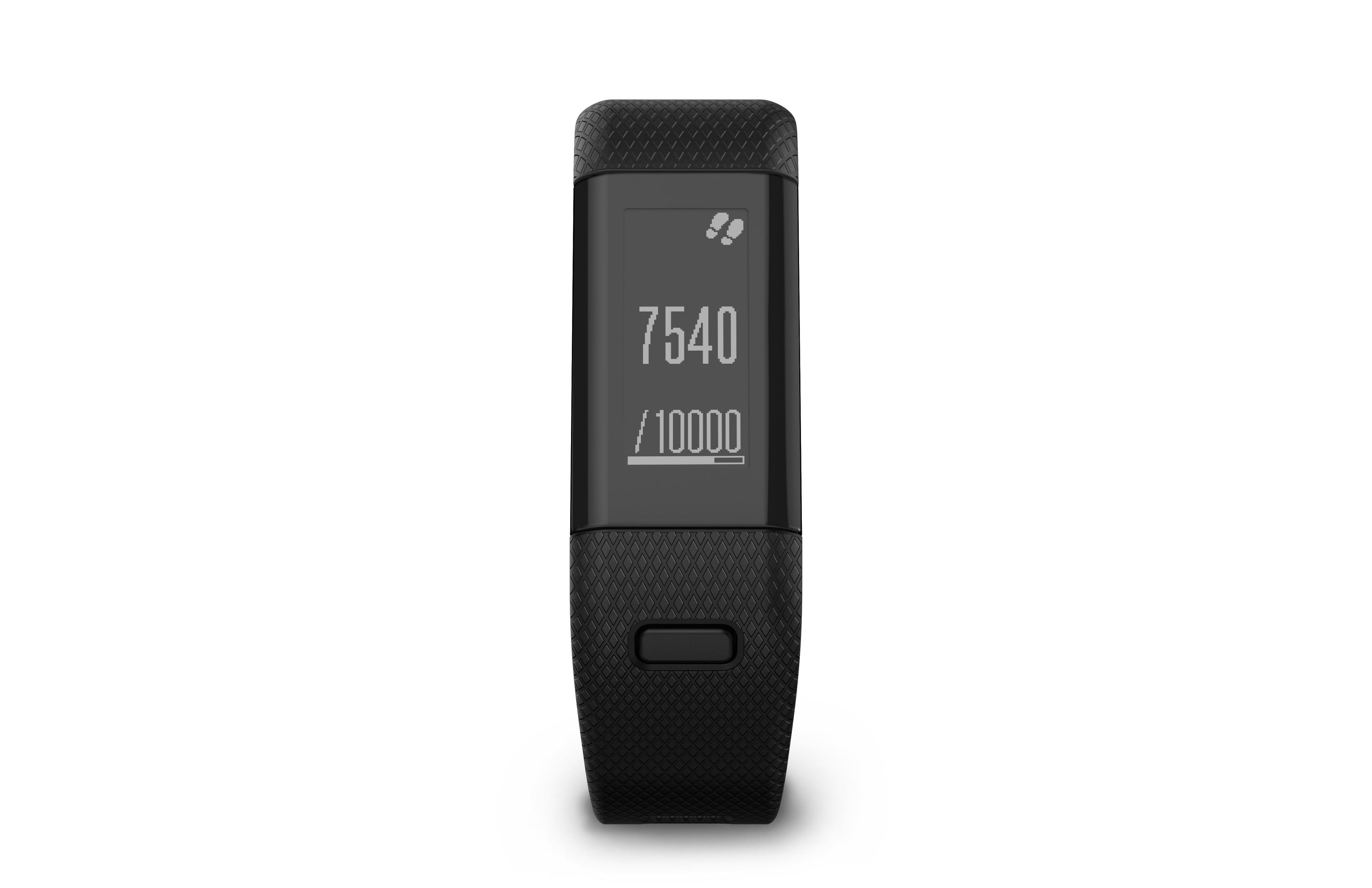 Schwarzer Fitnesstracker, der Schritte anzeigt: 7540/10000.
