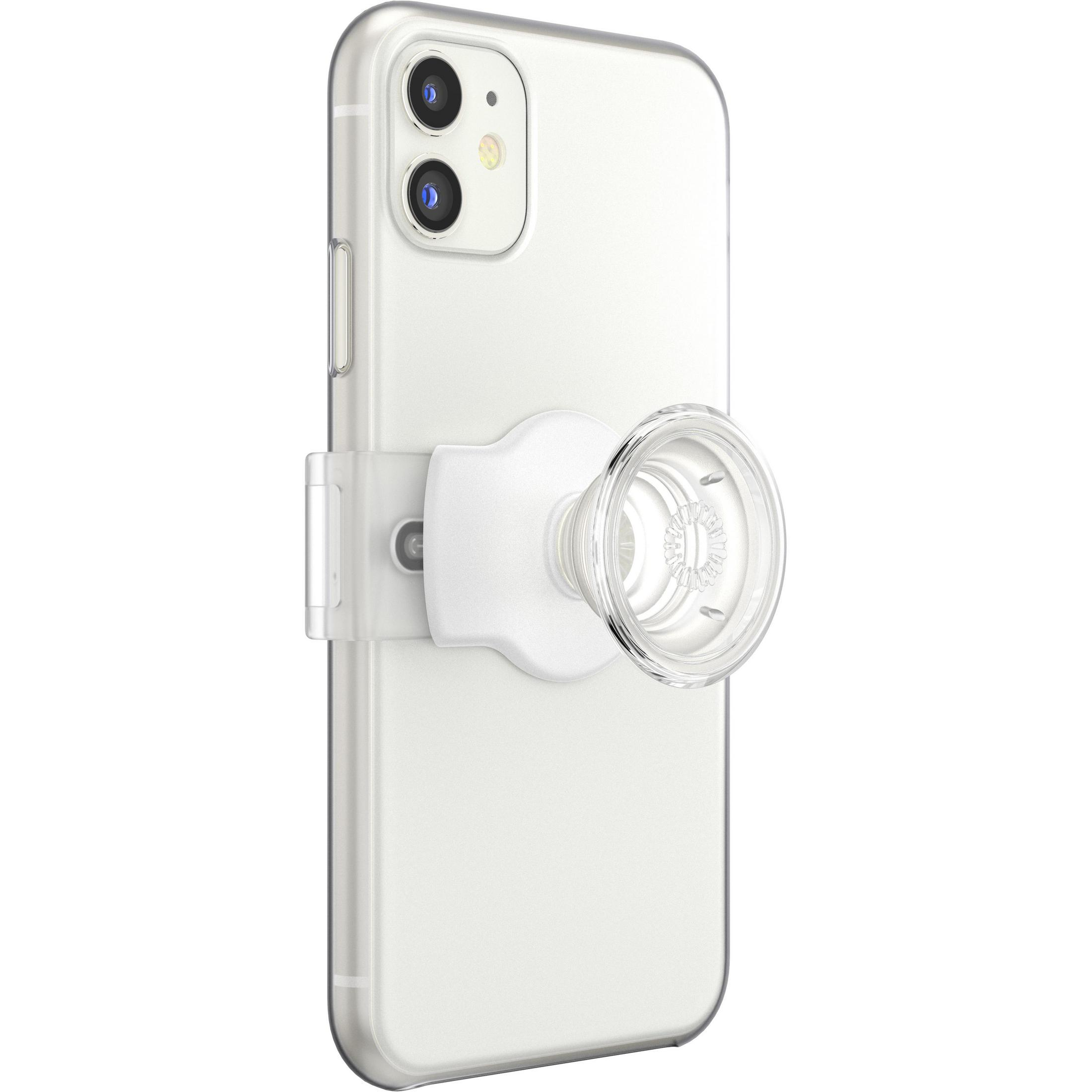 Weißes Telefon mit transparentem Gehäuse und weißem Pop-Socket auf der Rückseite.