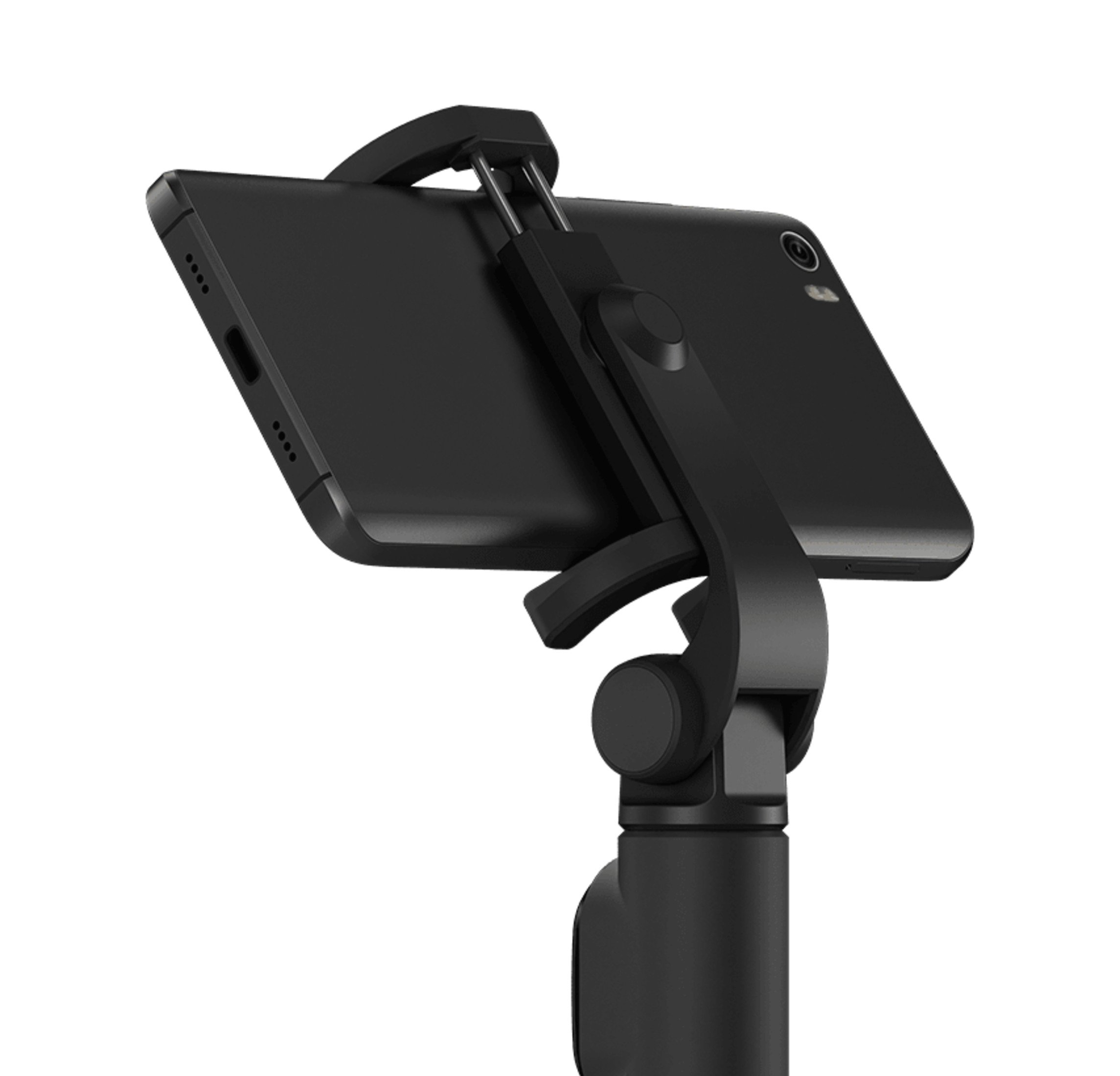 Ein schwarzes Telefon, montiert auf einem schwarzen Telefonhalter. Das Telefon ist abgewinkelt.
