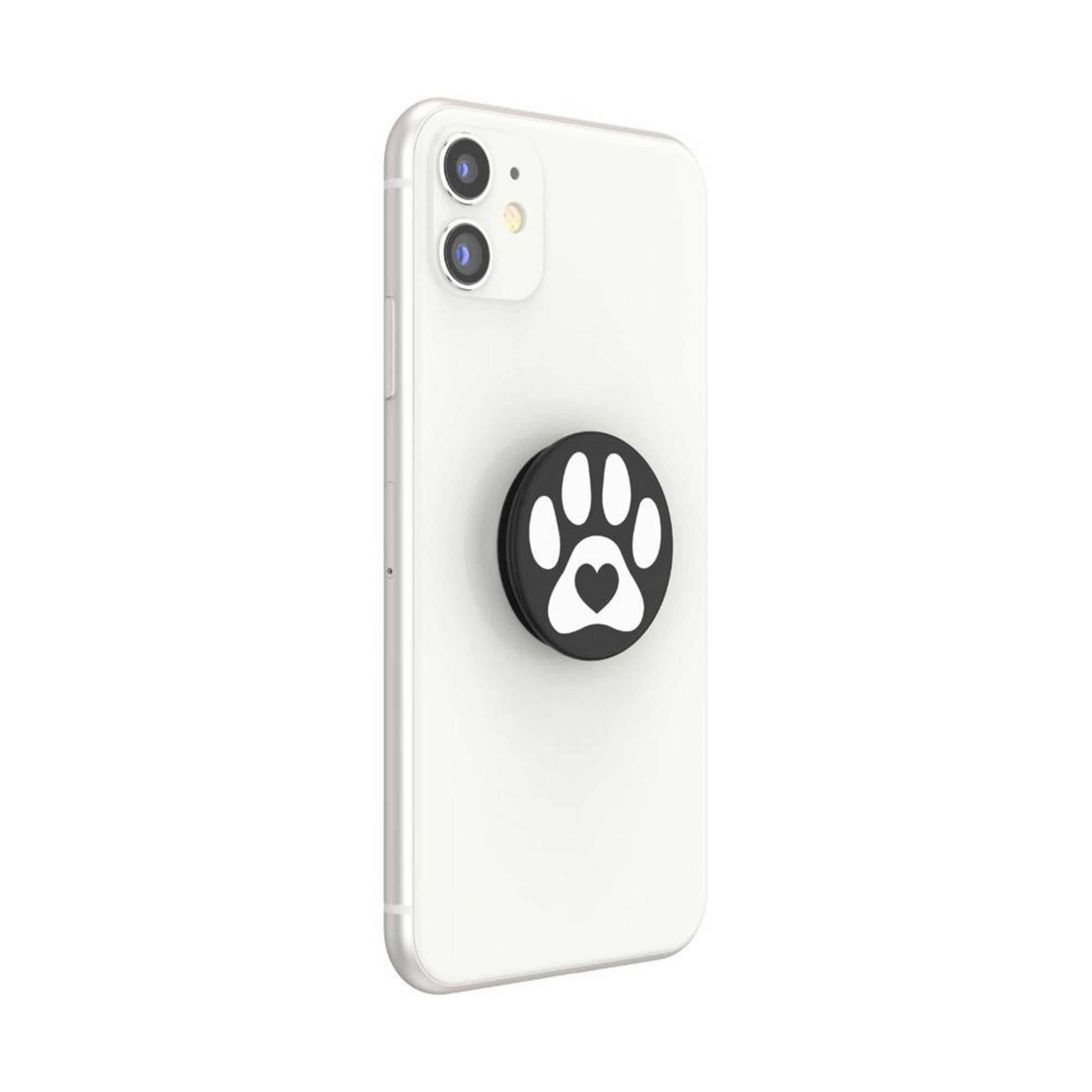 Ein weißes Smartphone mit einem Pfotenabdruck-Design auf der Rückseite, mit einem Herzen.