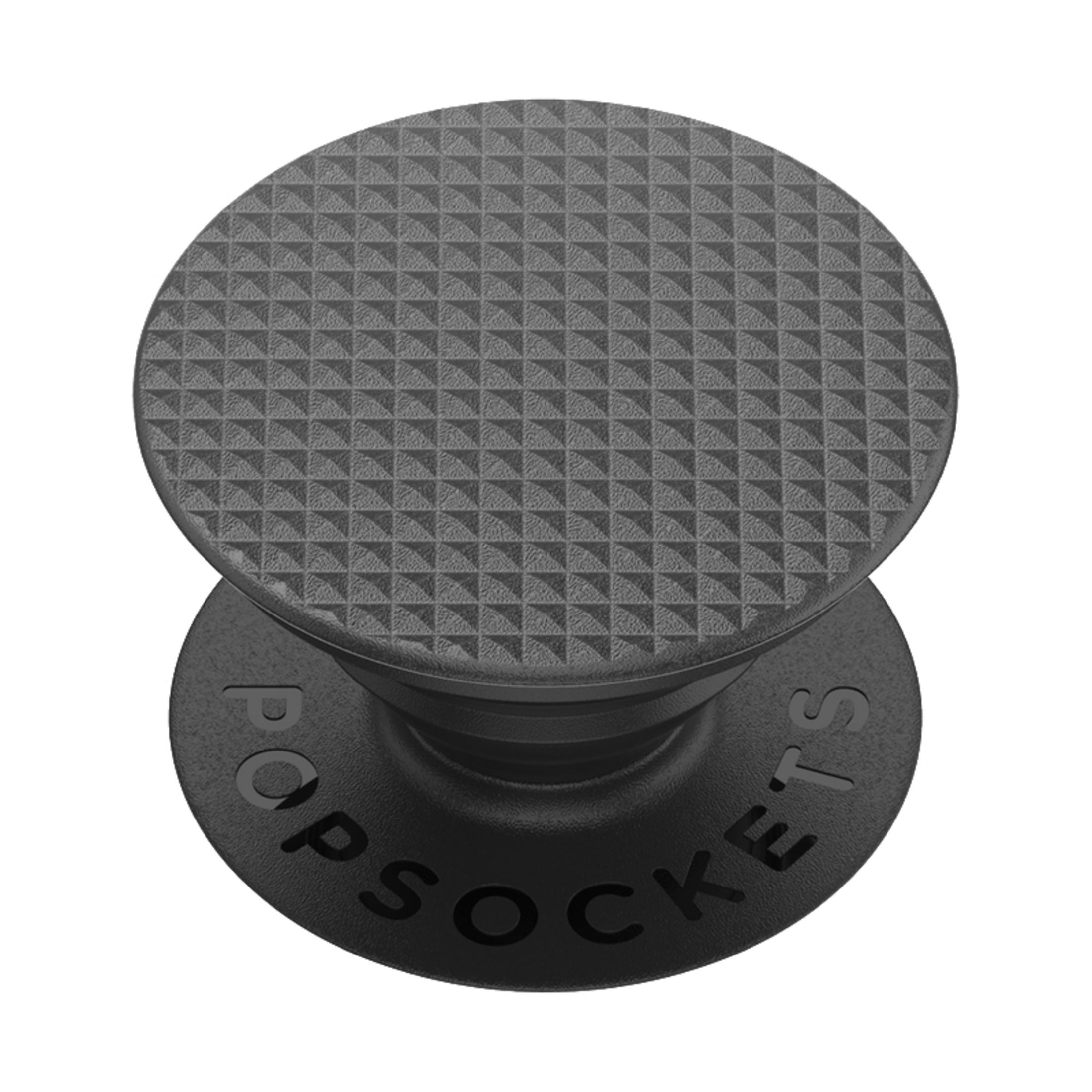 Schwarzer PopSocket mit strukturierter Oberfläche. Markenname am Boden.