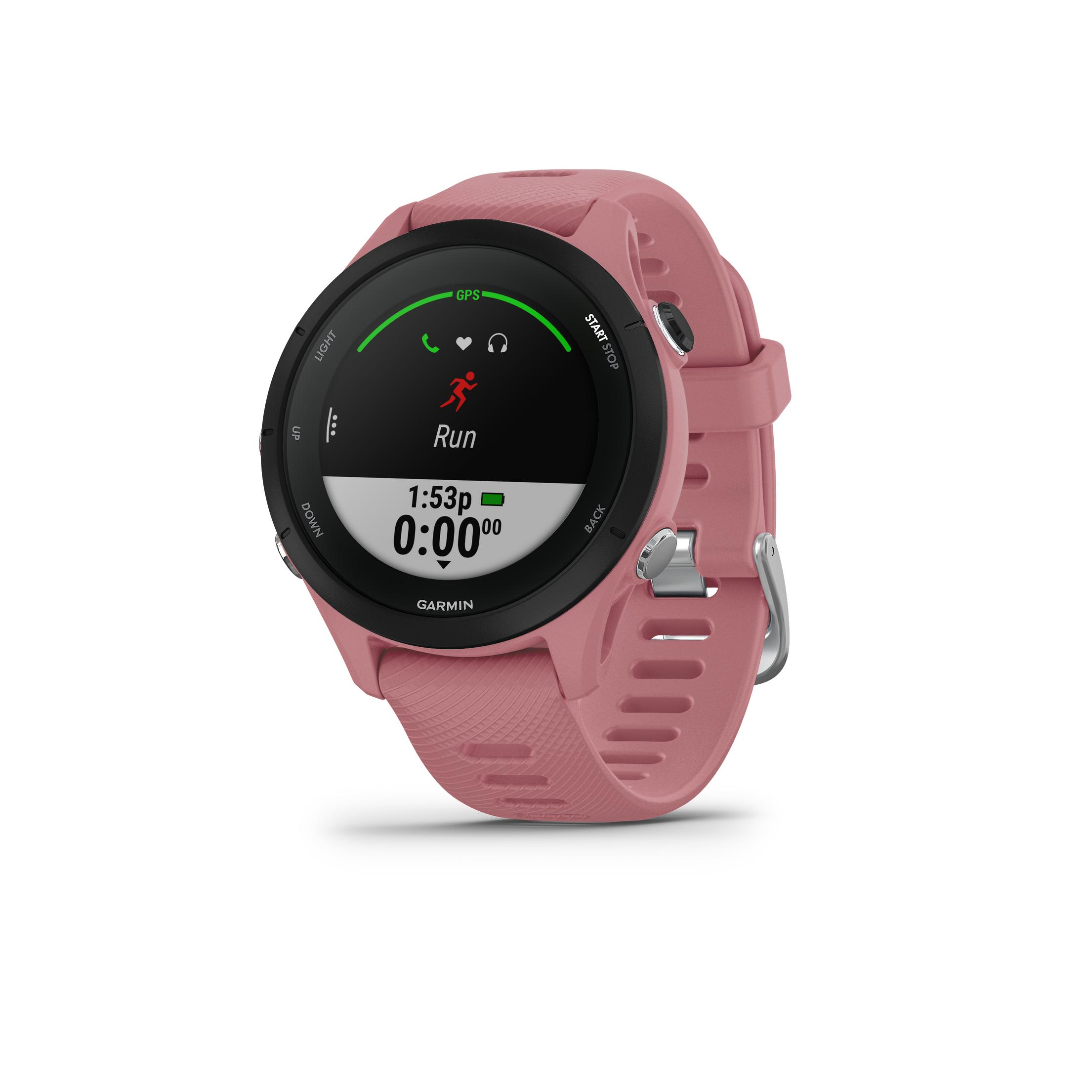 Pinkfarbene Sportuhr mit Zeit- und Laufdaten. Sie hat einen schwarzen Bildschirm und ein pinkfarbenes Armband. Weißer Hintergrund.