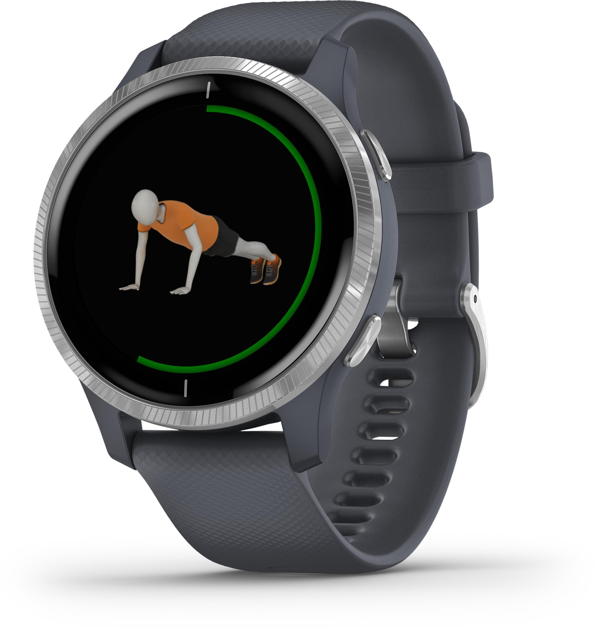 Smartwatch am Handgelenk, zeigt eine Person beim Liegestützen, mit grauem Armband und silbernem Rahmen.