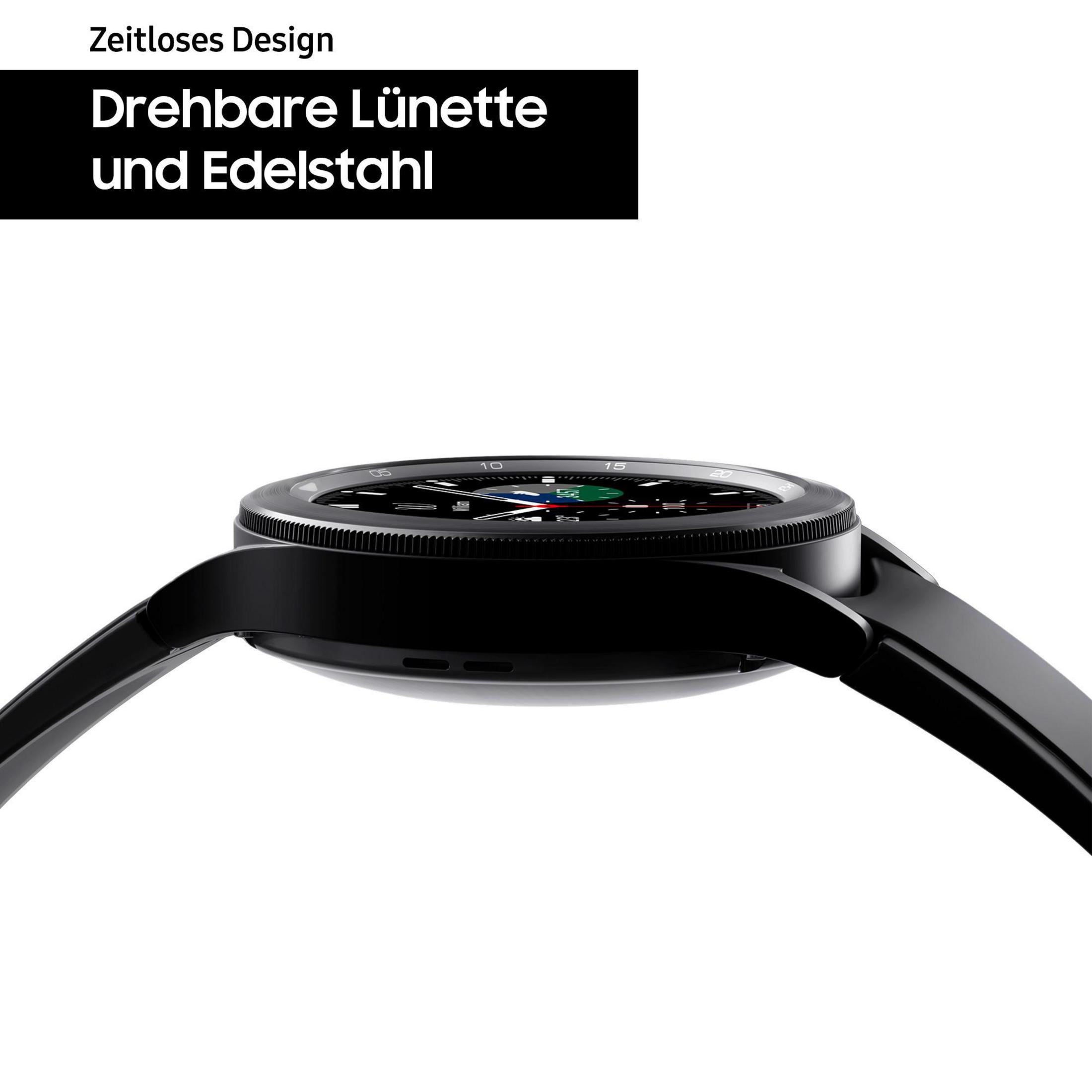 Schwarze Smartwatch, Seitenansicht, schwarzes Armband, weißer Hintergrund.