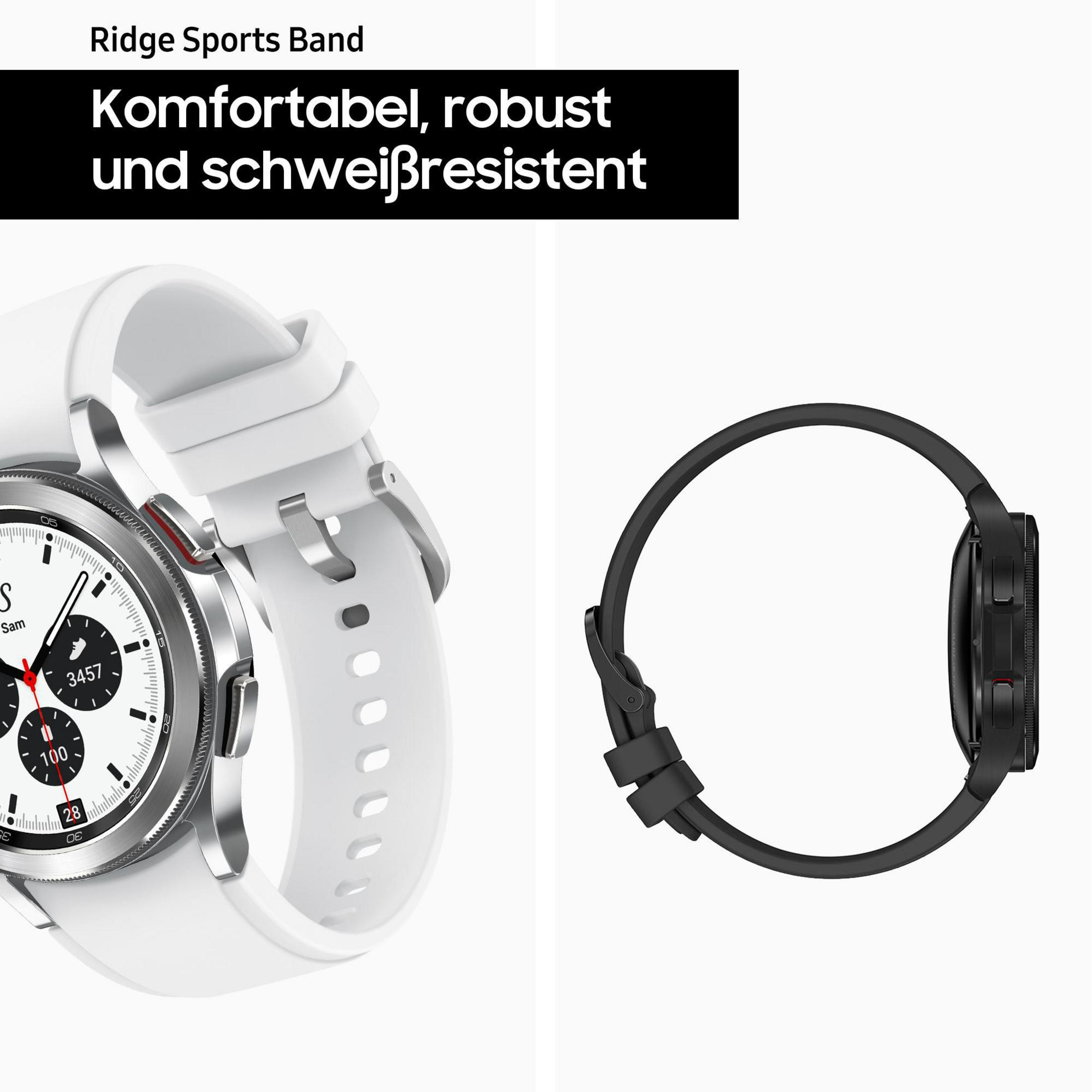 Zwei Smartwatches nebeneinander, eine weiße und eine schwarze, mit Text links und dem Logo rechts.