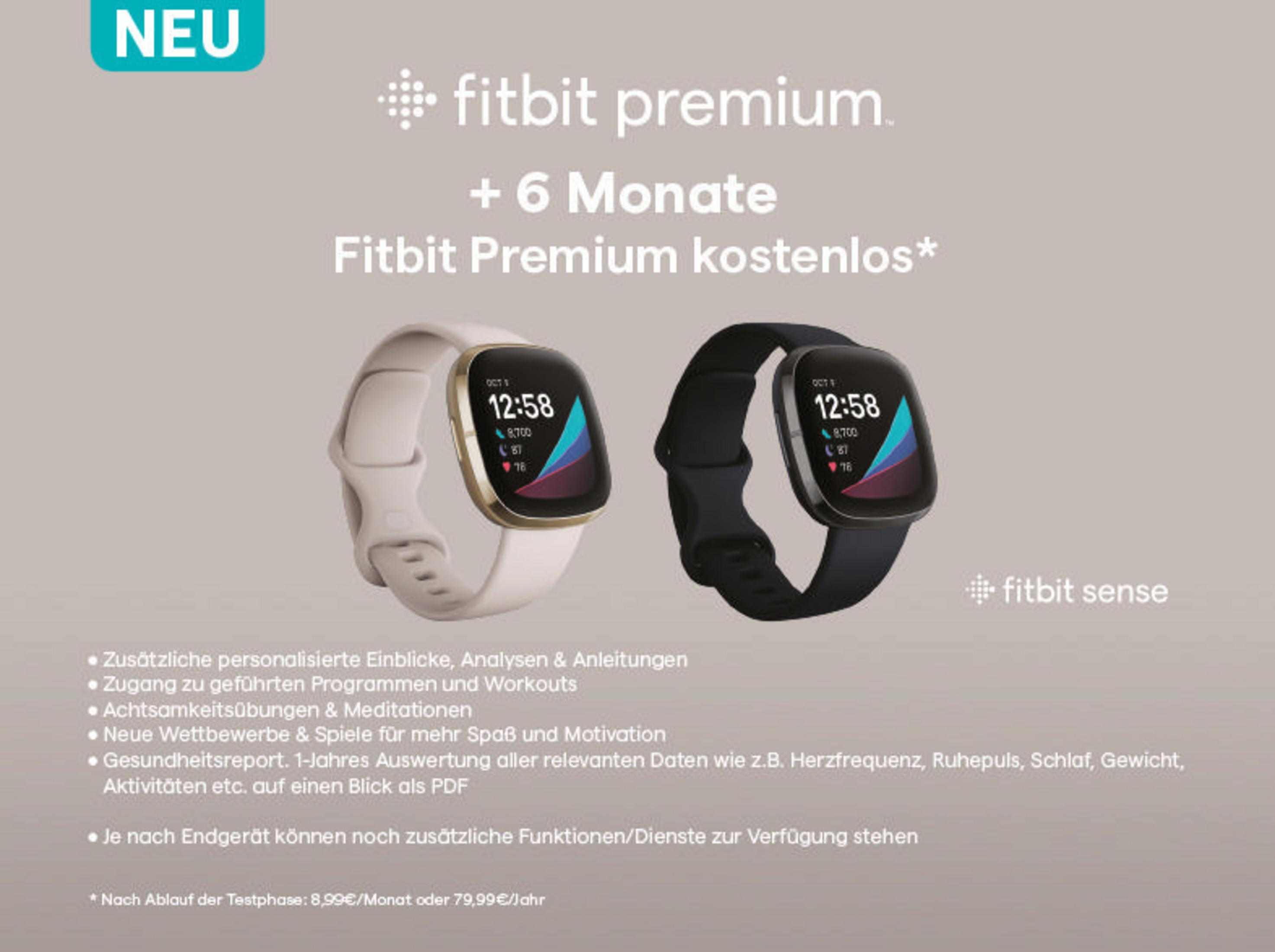 Zwei Smartwatches werden gezeigt, eine weiß-goldene, die andere schwarz. Text beschreibt Premium-Funktionen.