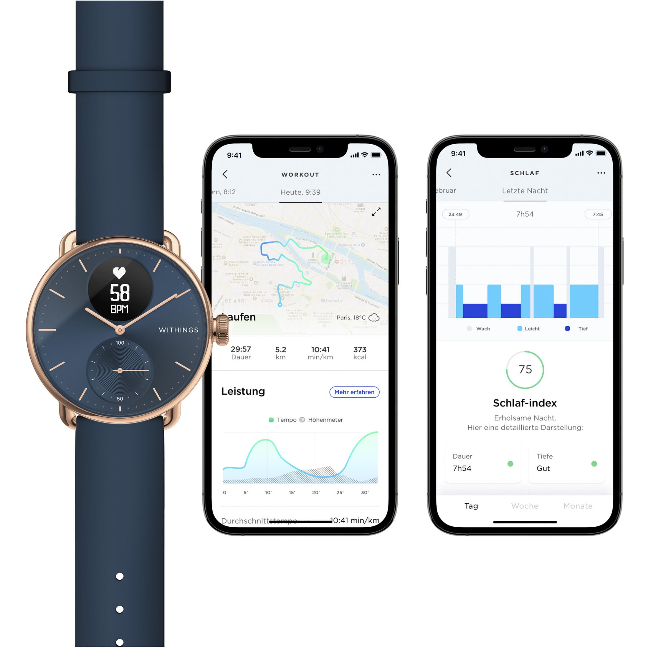 Smartwatch mit Herzfrequenz, zwei Telefonanzeigen mit Trainings- und Schlafdaten.