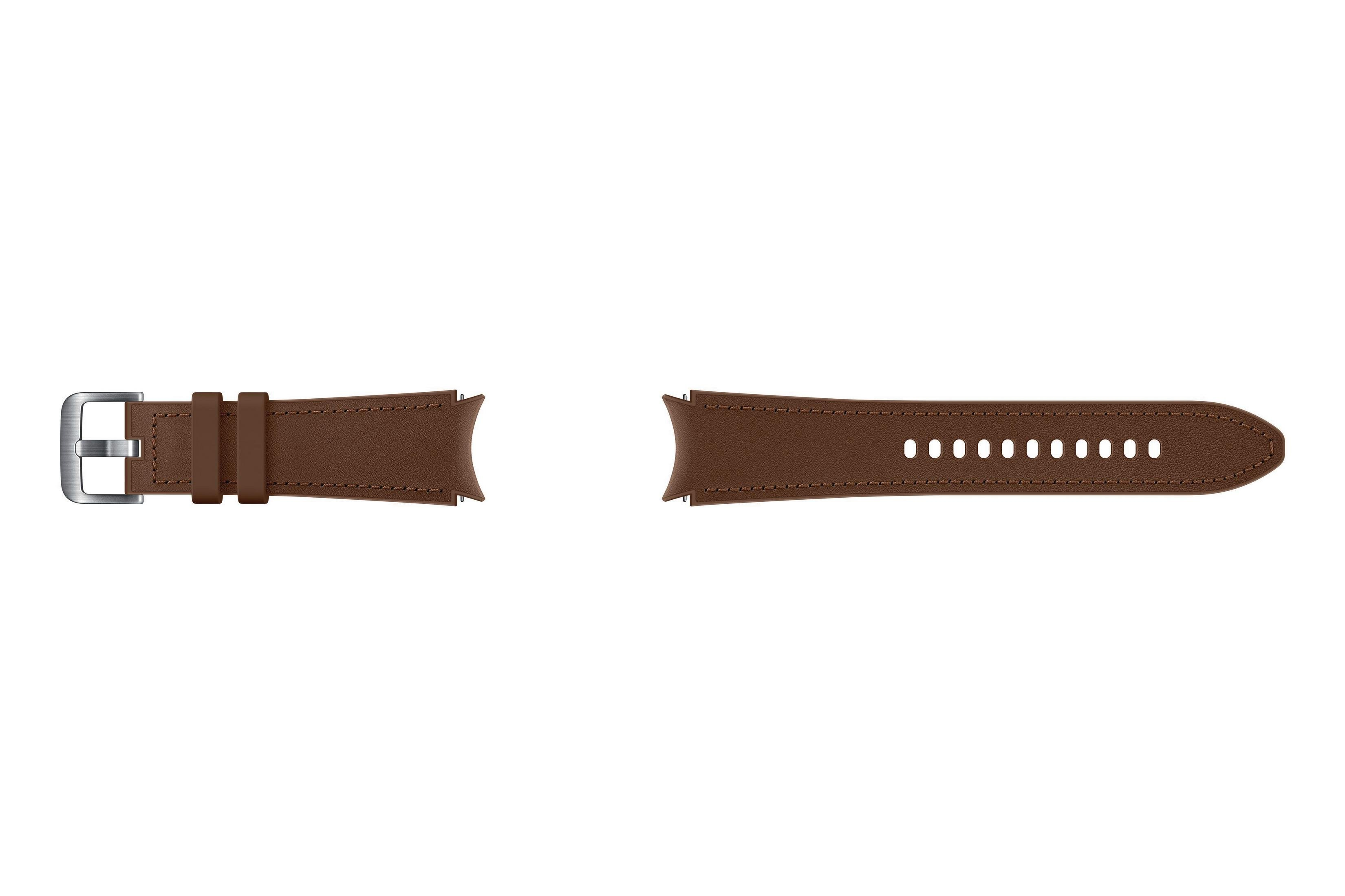 Correa de reloj de cuero marrón, dos piezas, con hebilla de metal, sobre fondo blanco.