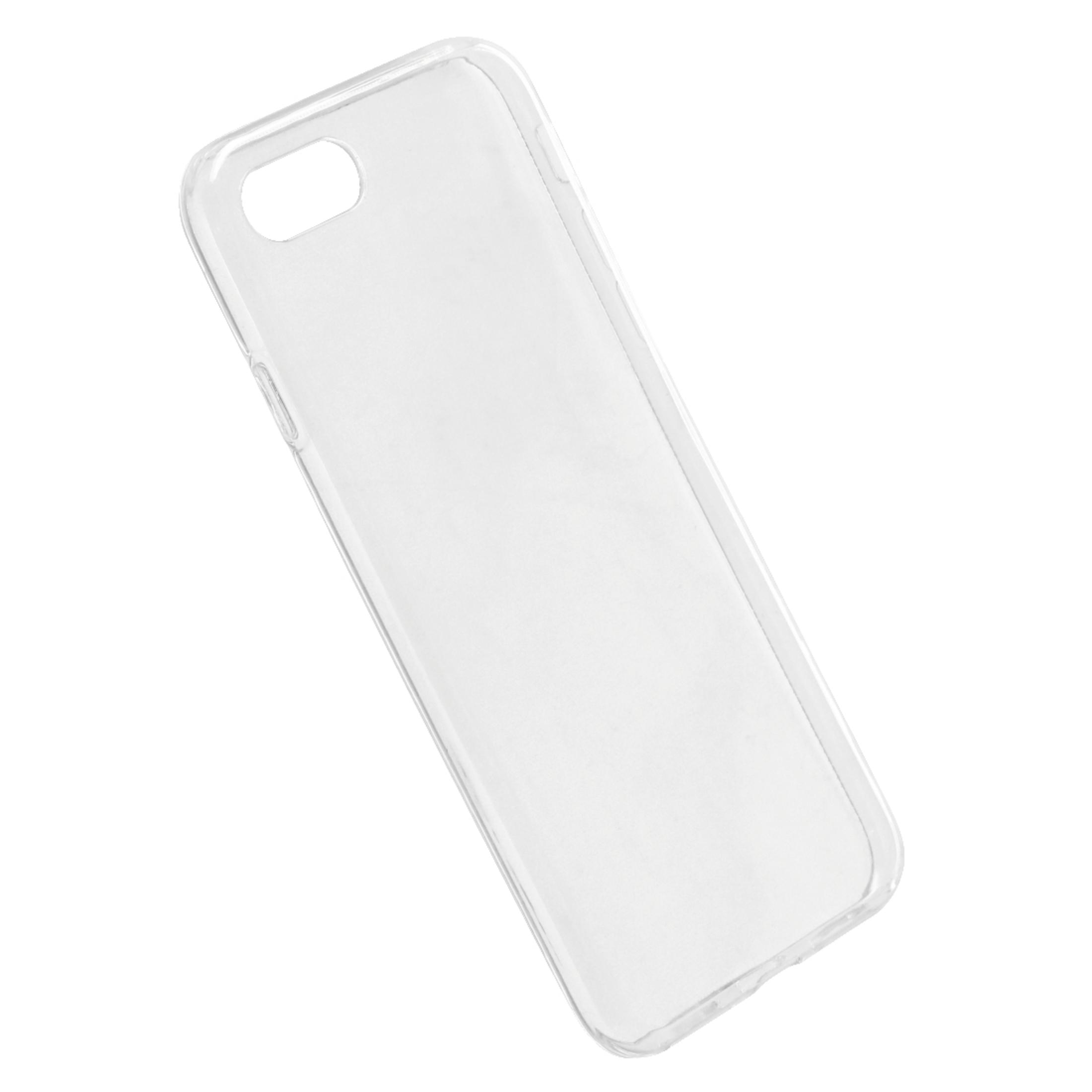 Przezroczyste etui na telefon, lekko pochylone, na białej powierzchni. Widok z boku.