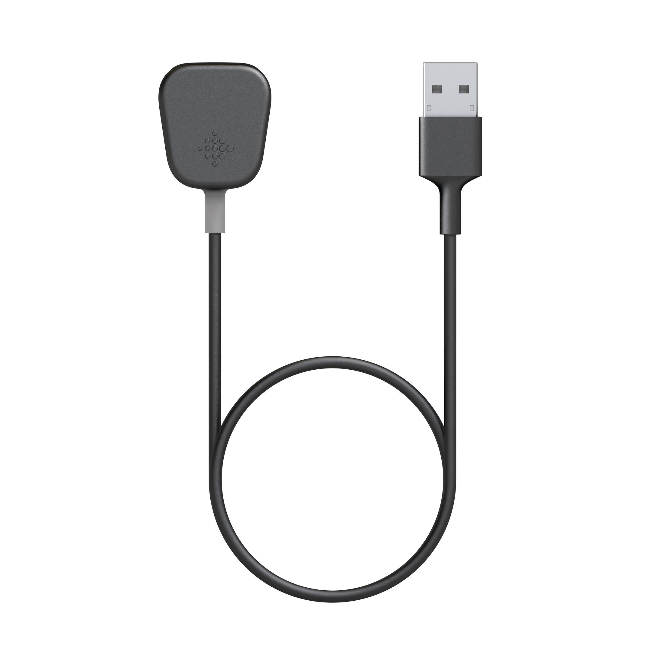 Ein schwarzes Ladekabel mit USB-Anschluss und einem Lade-Pad. Der Hintergrund ist weiß.