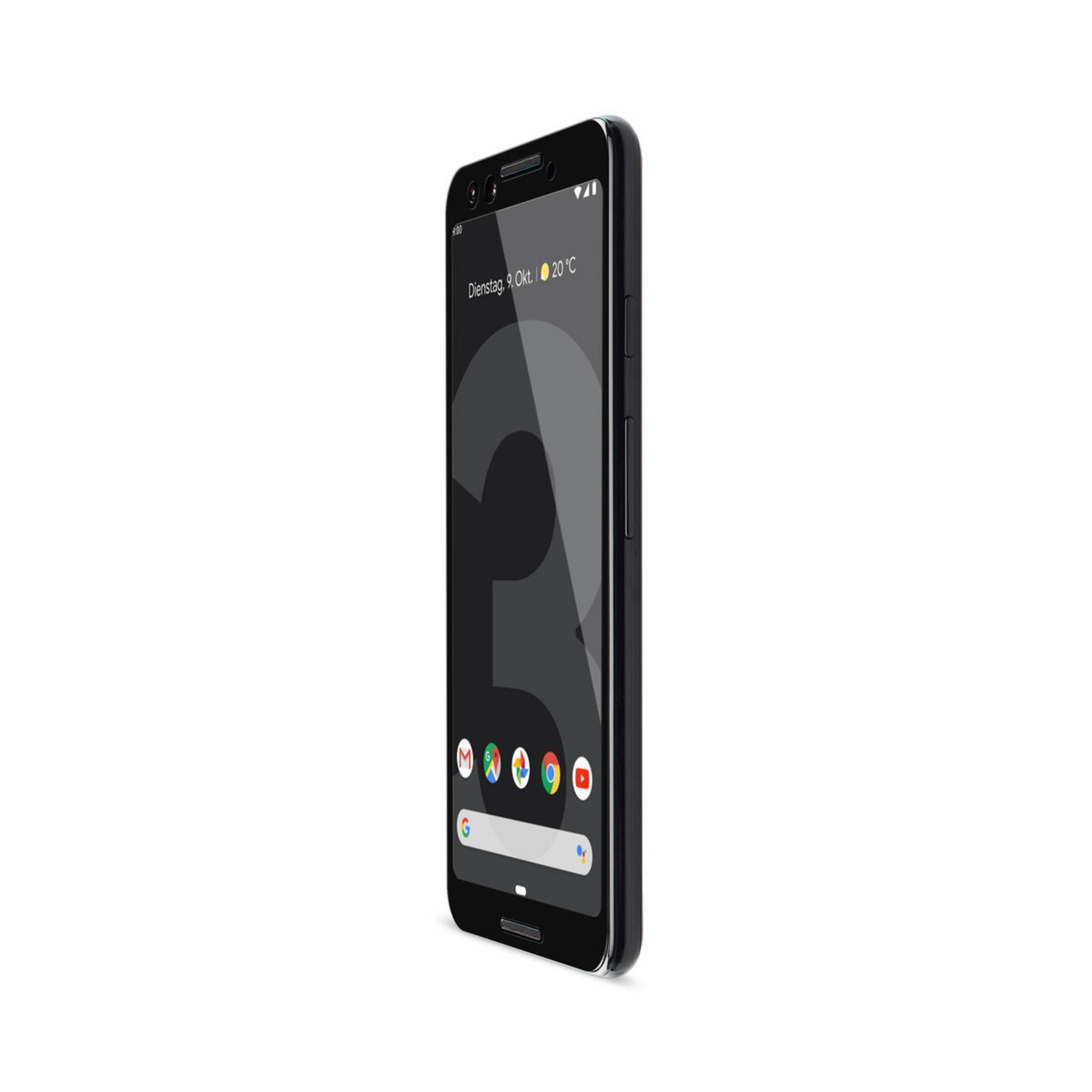 Smartphone Google Pixel 3, nero, vista angolata, schermo con icone.