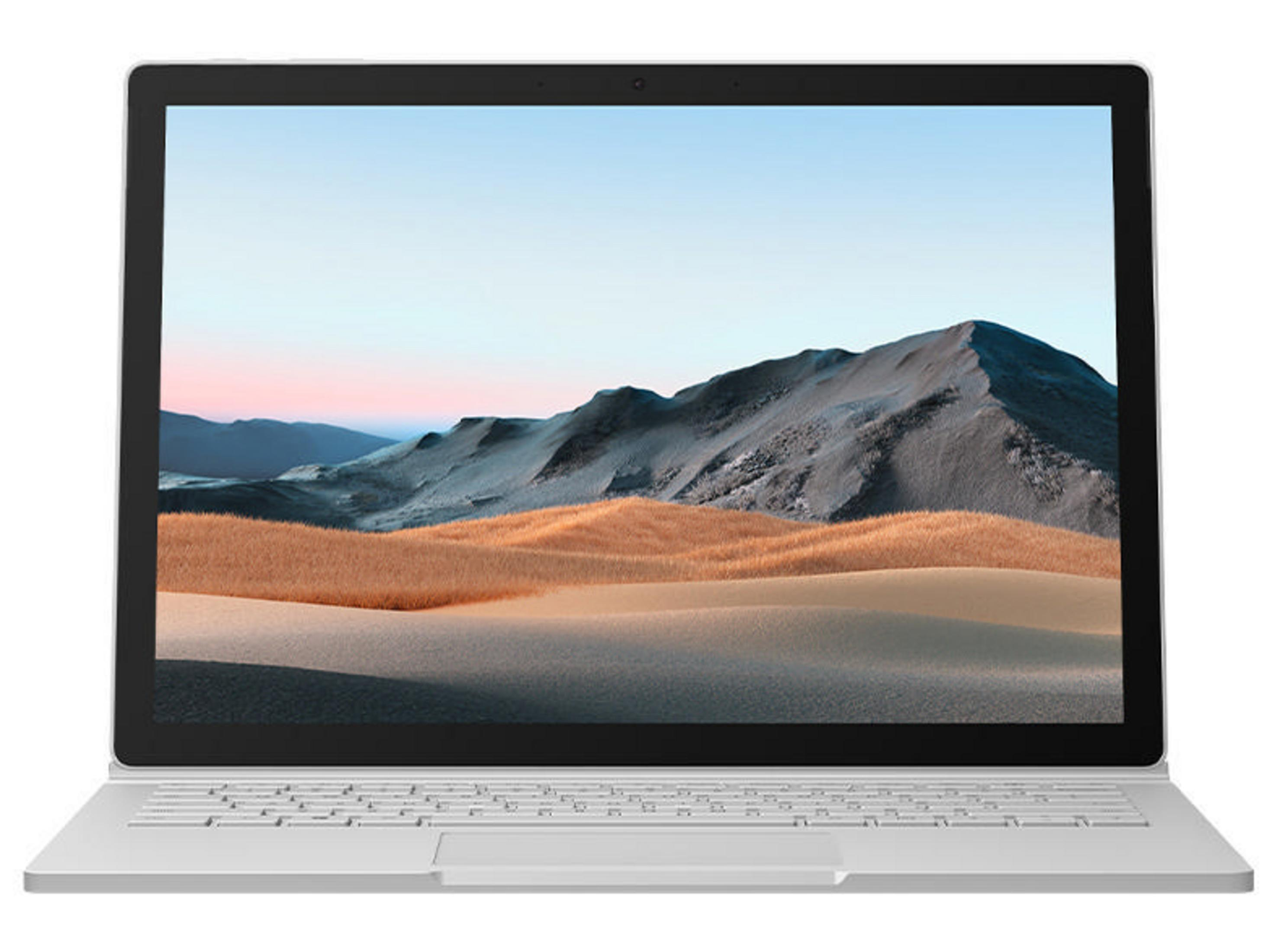 Silberner Laptop mit Berglandschaft auf dem Bildschirm, weißer Hintergrund.